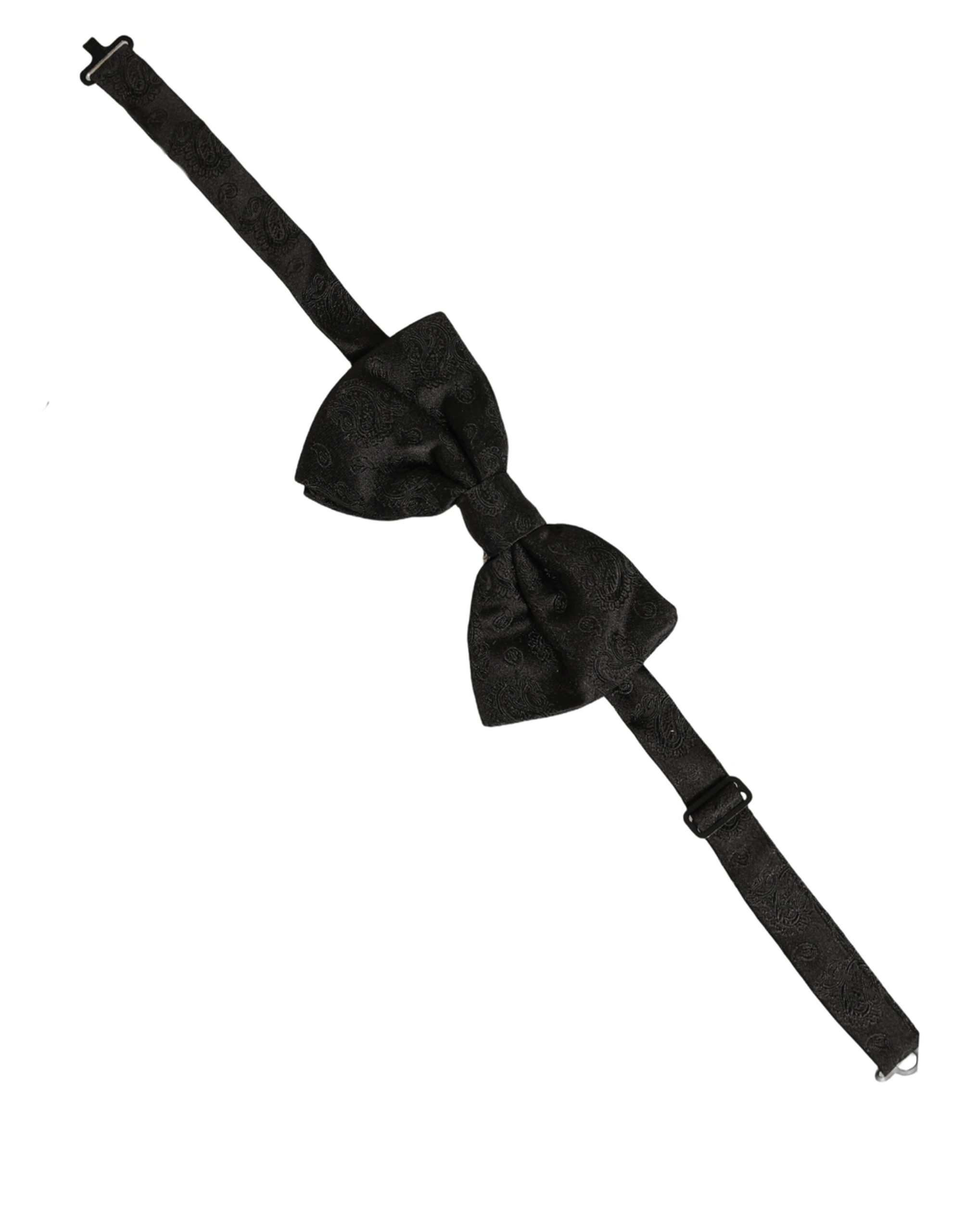Dolce & Gabbana Men Black Paisley Silk Adjustable Neck Papillon Bow Tie - Image 3