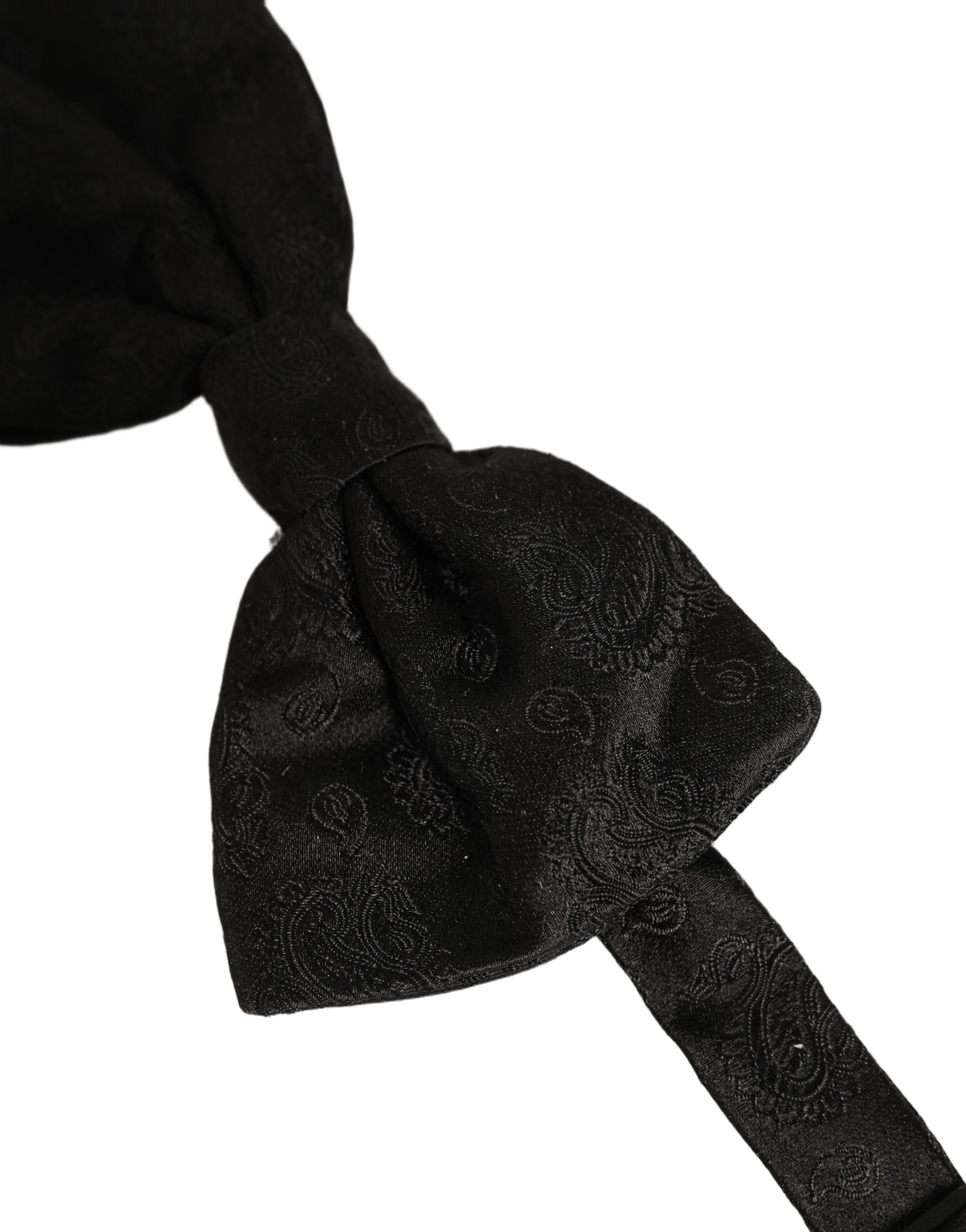 Dolce & Gabbana Men Black Paisley Silk Adjustable Neck Papillon Bow Tie - Image 4