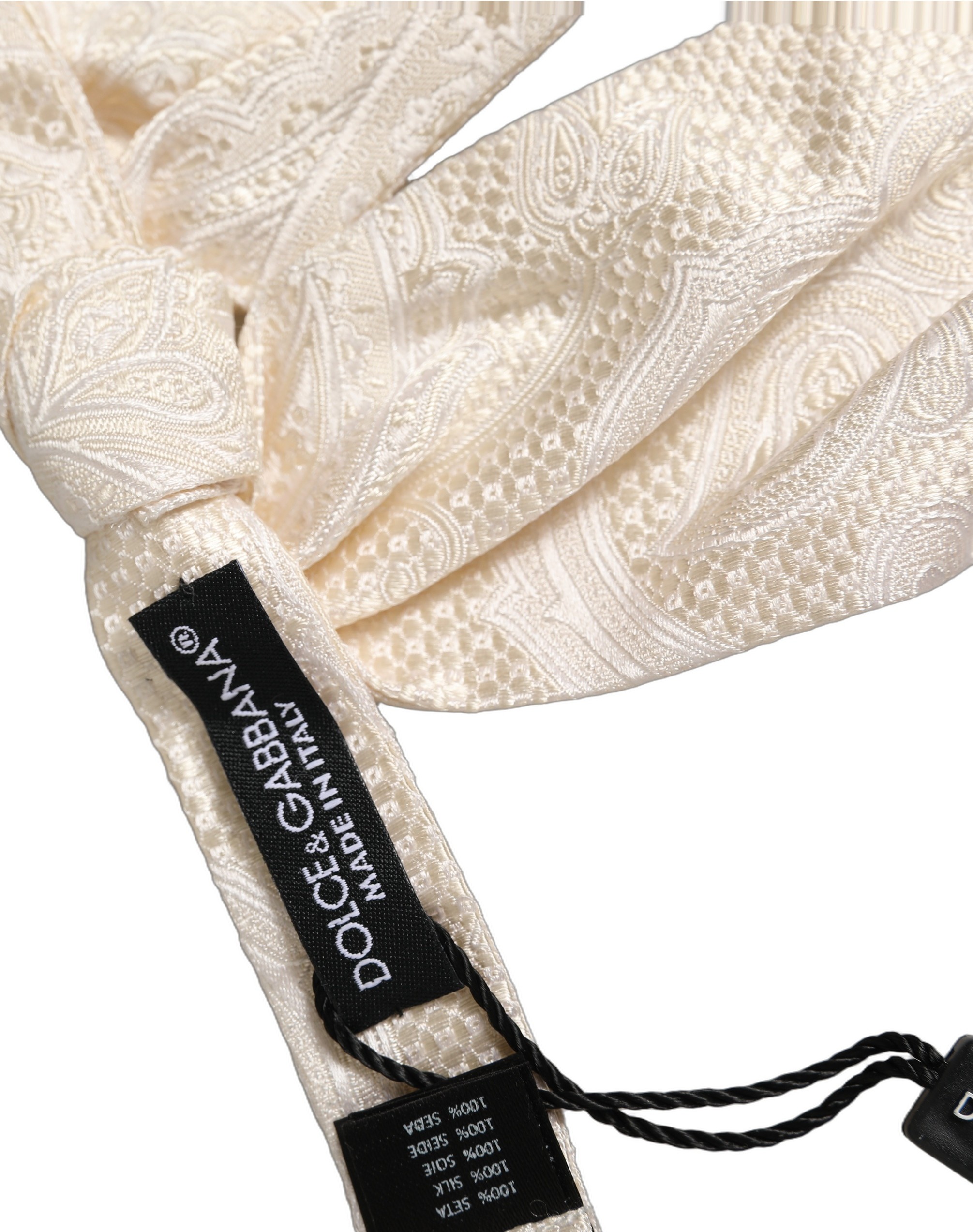 Dolce & Gabbana Men Ivory Paisley SIlk Adjustable Neck Papillon Bow Tie - Image 2