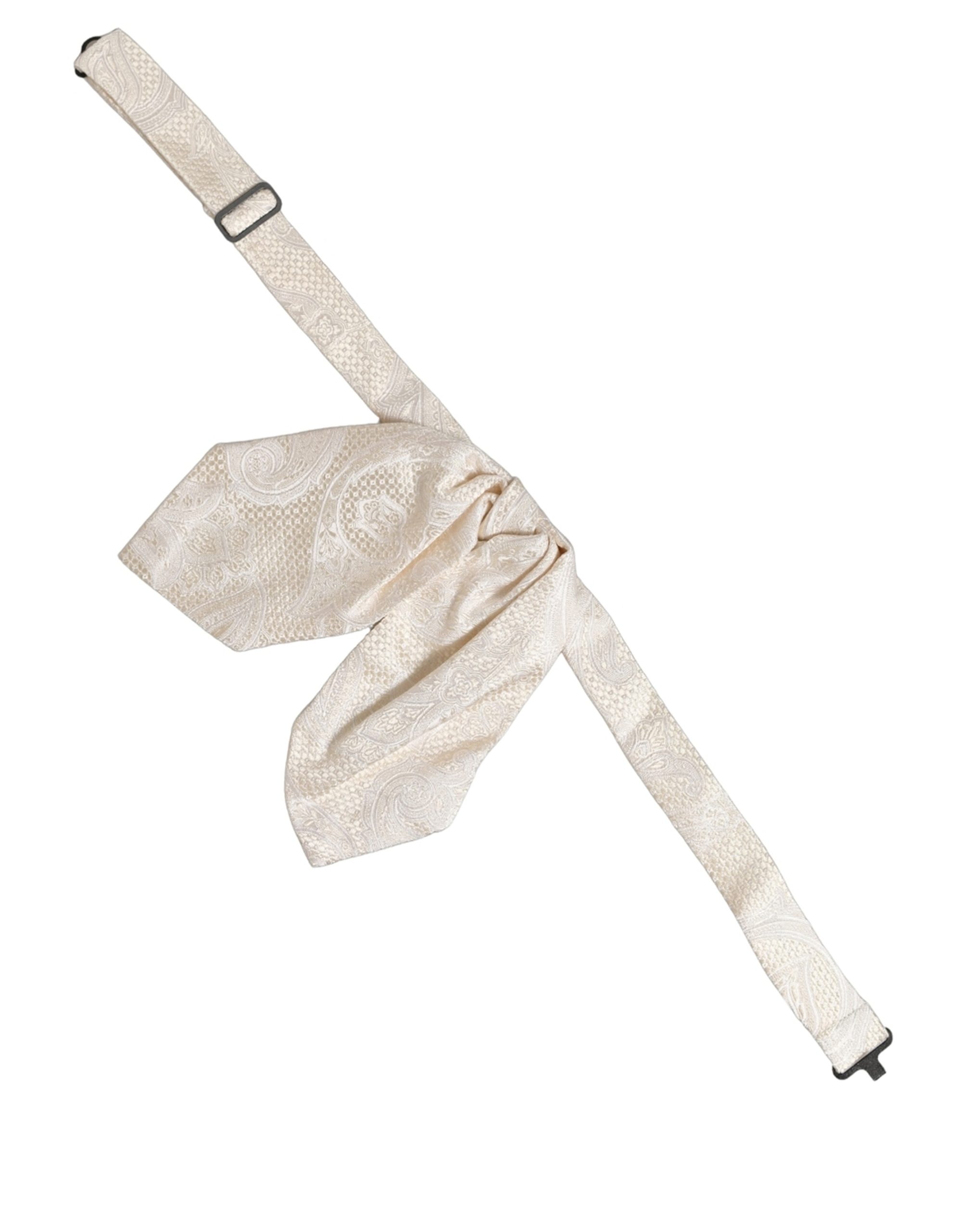 Dolce & Gabbana Men Ivory Paisley SIlk Adjustable Neck Papillon Bow Tie - Image 3