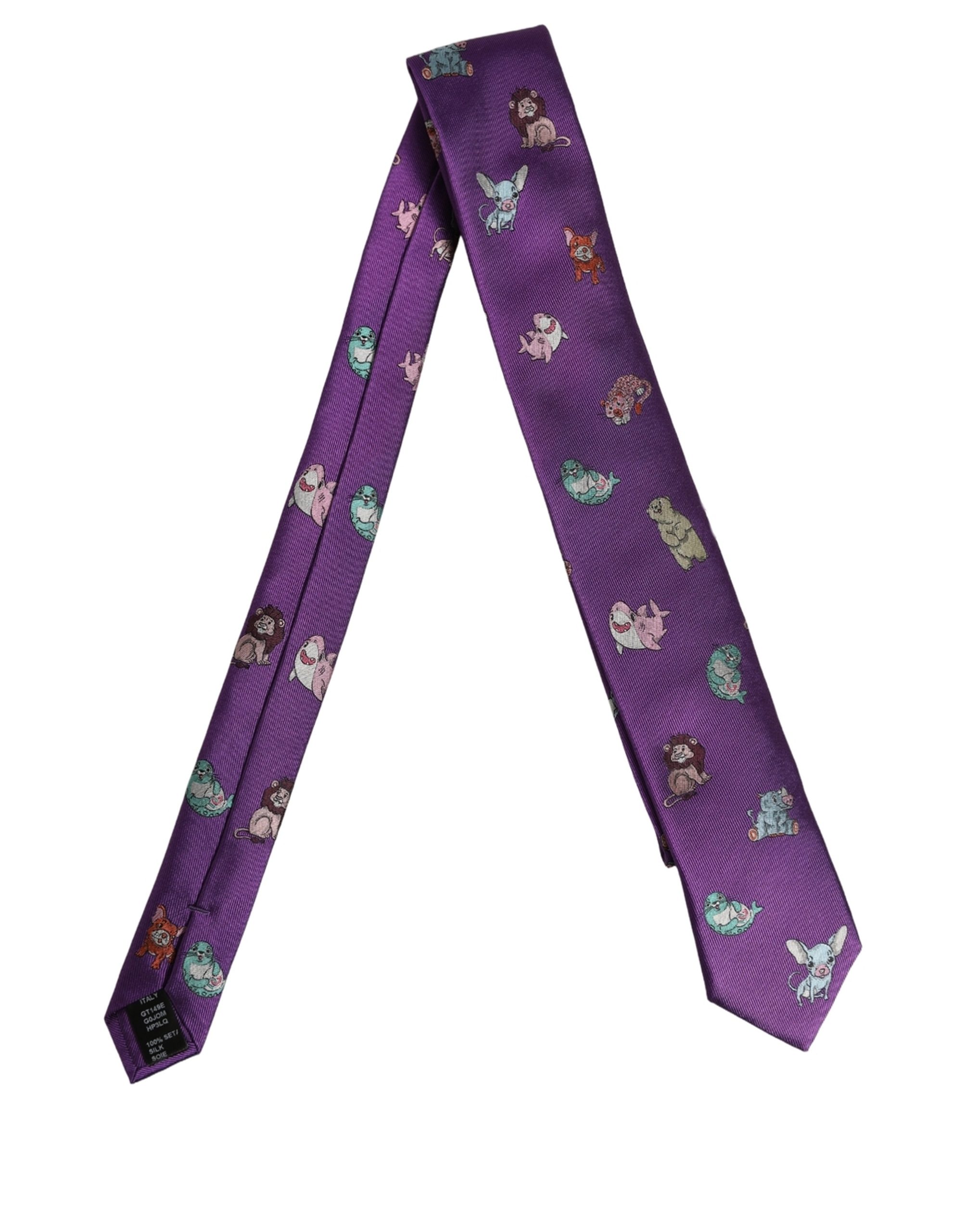 Dolce & Gabbana Men Purple Animal Print Adjustable Tied Necktie Tie - Image 4