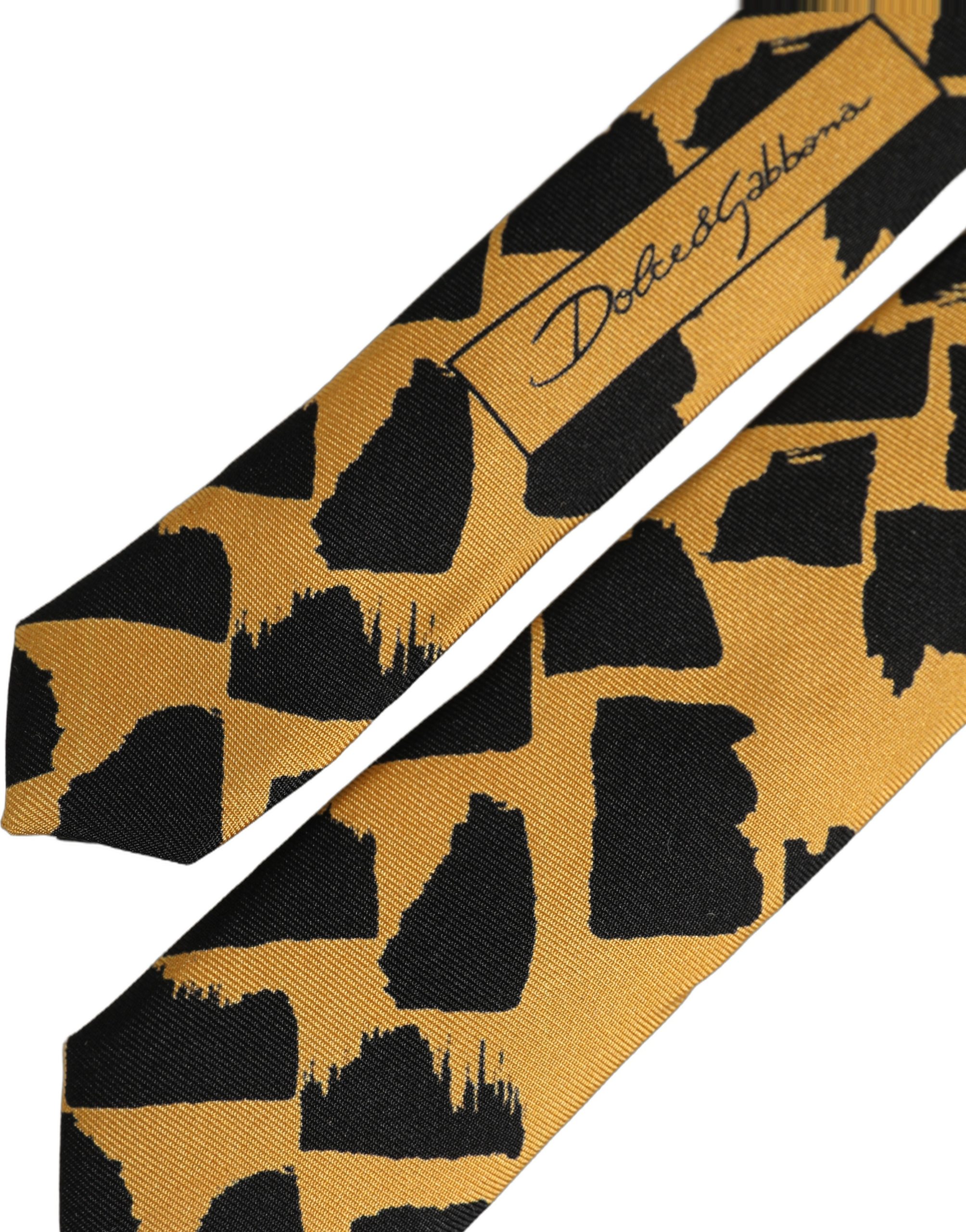 Dolce & Gabbana Men Black Yellow Patterned Adjustable Tied Necktie Tie - Image 4