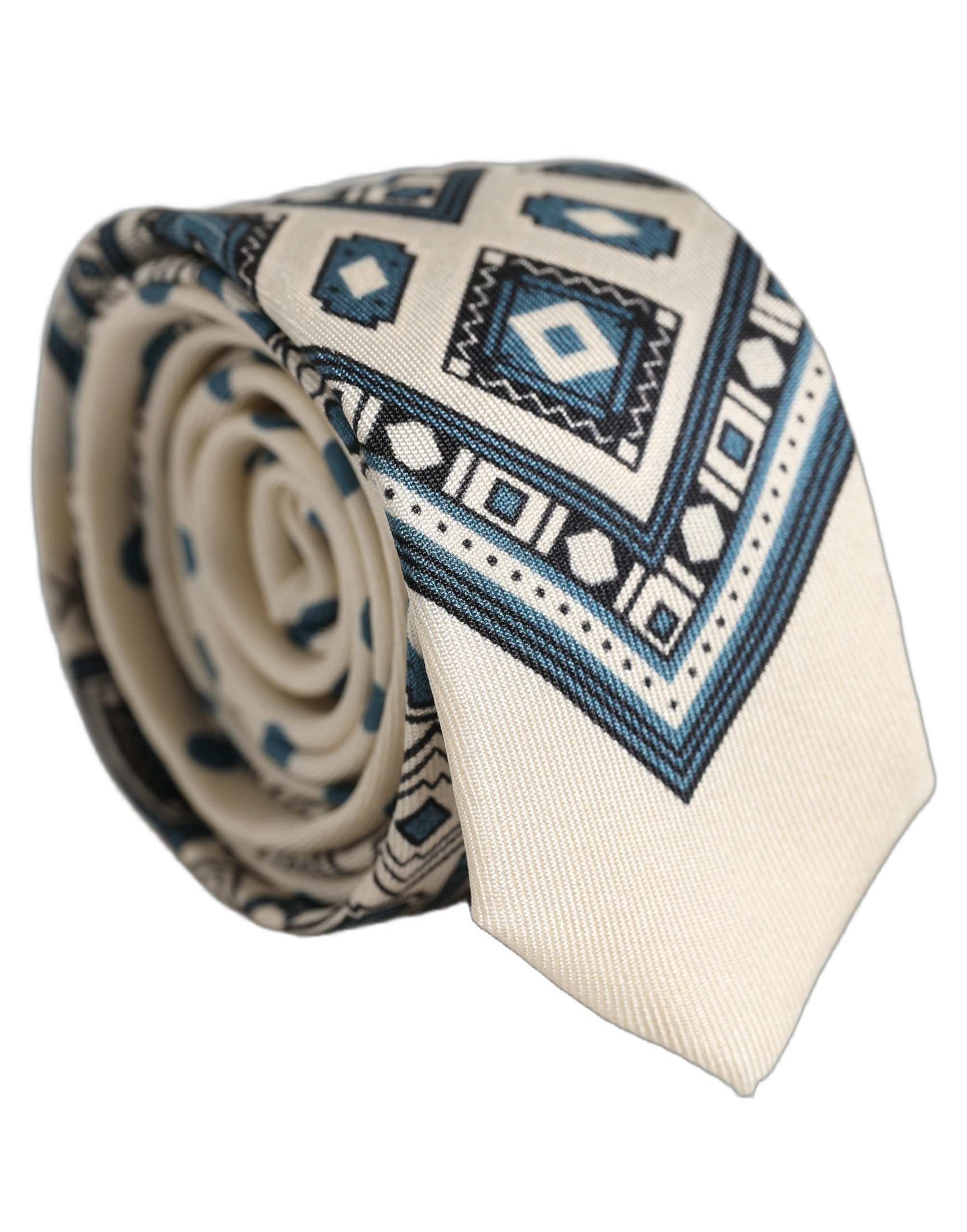 Dolce & Gabbana Men Off White Blue Geometric Adjustable Tied Necktie Tie - Image 3