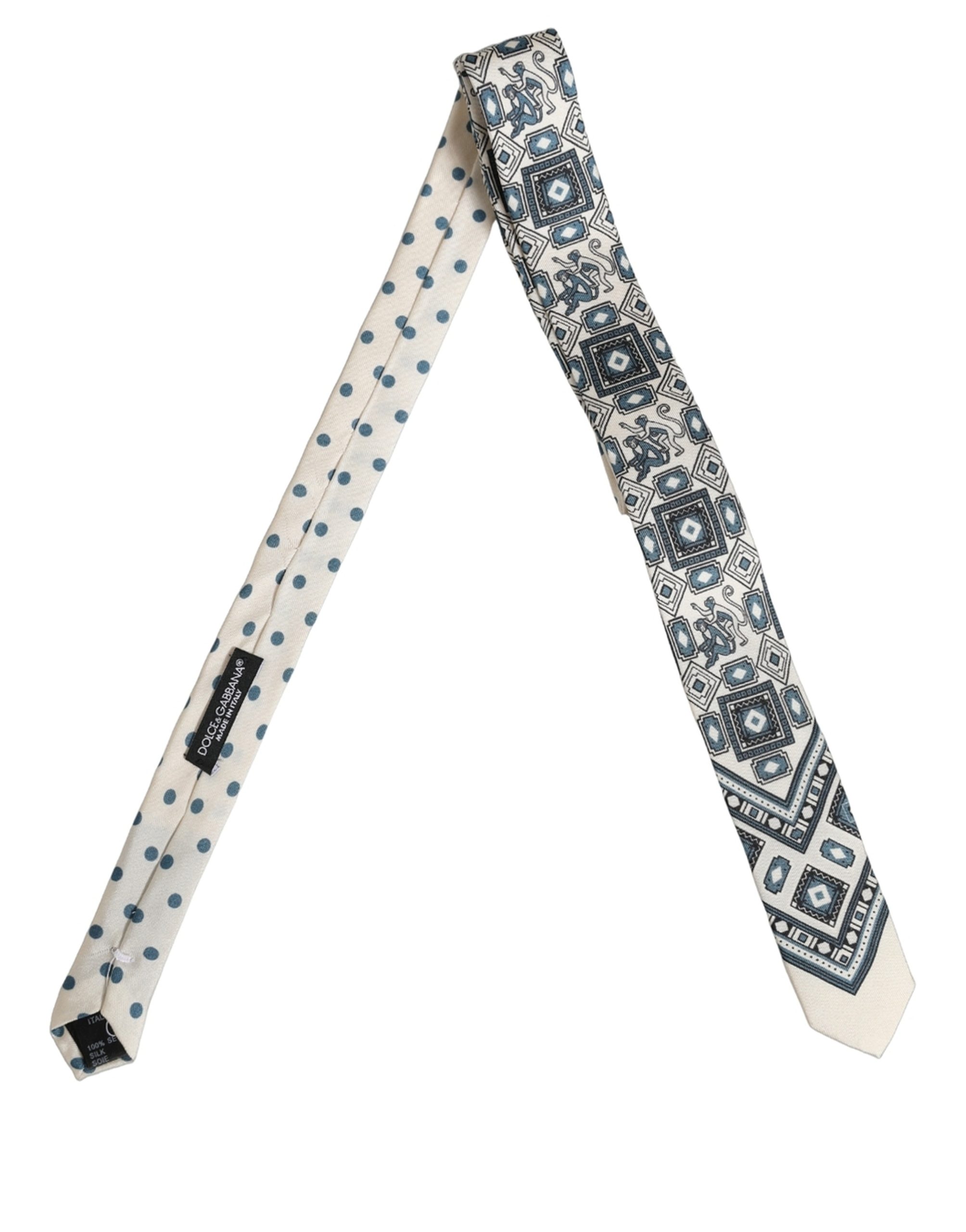 Dolce & Gabbana Men Off White Blue Geometric Adjustable Tied Necktie Tie - Image 4