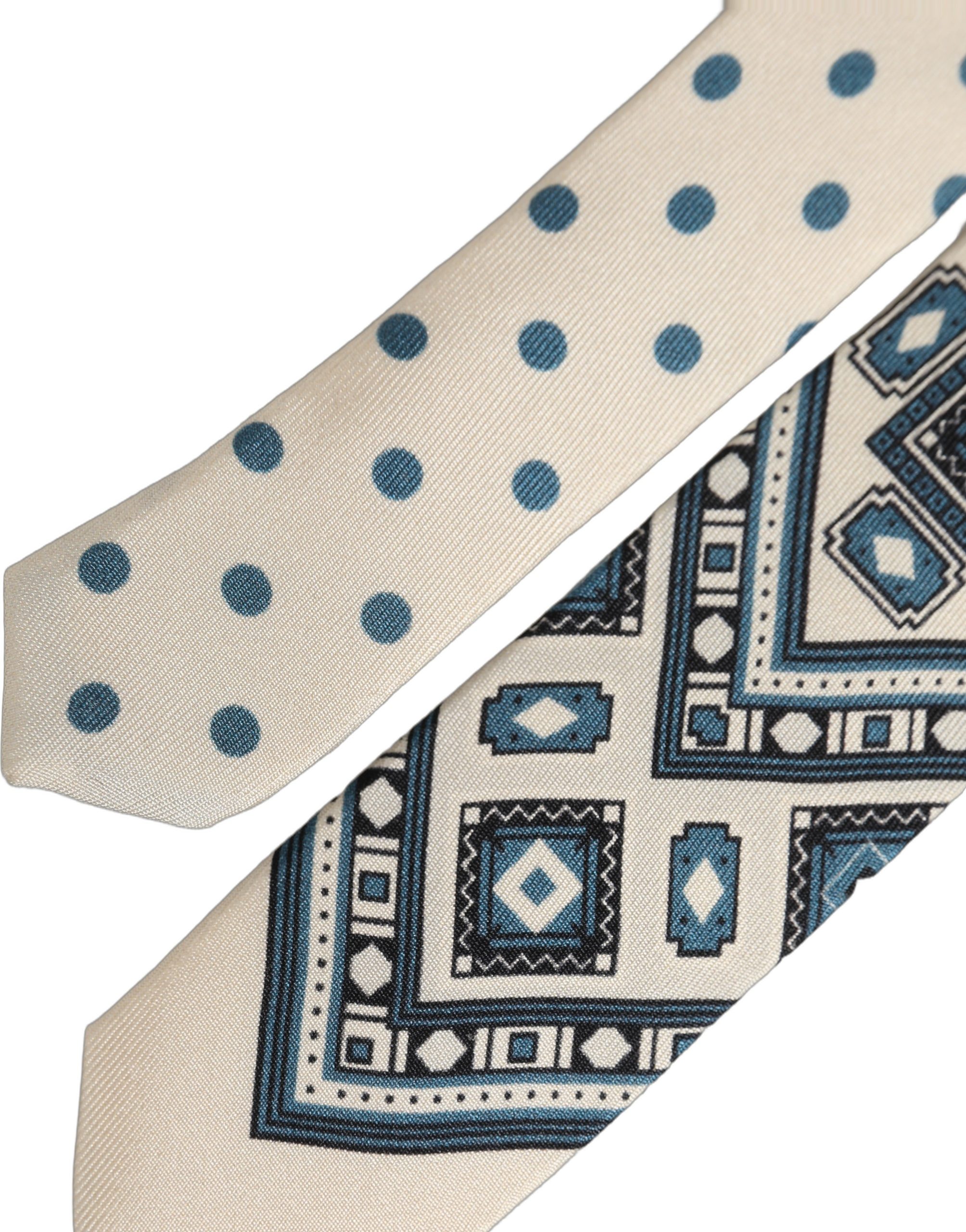 Dolce & Gabbana Men Off White Blue Geometric Adjustable Tied Necktie Tie - Image 5