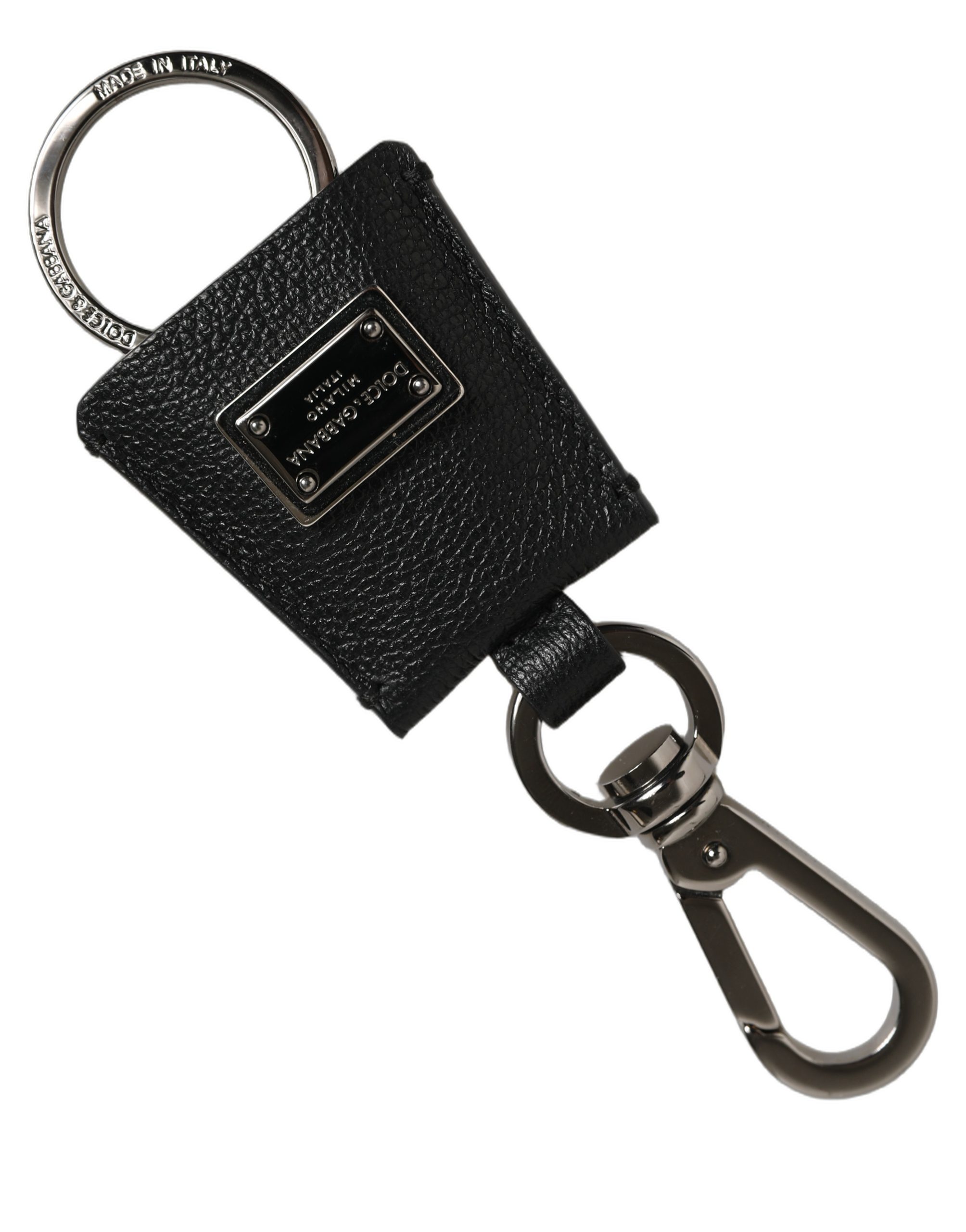 Dolce & Gabbana Black Dauphine Leather Silver Metal Logo Plaque Keyring - Image 2