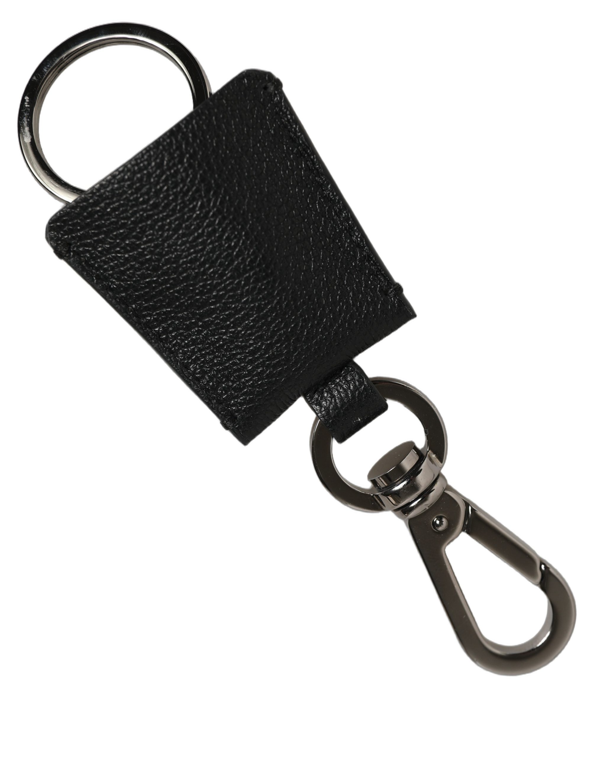 Dolce & Gabbana Black Dauphine Leather Silver Metal Logo Plaque Keyring - Image 4