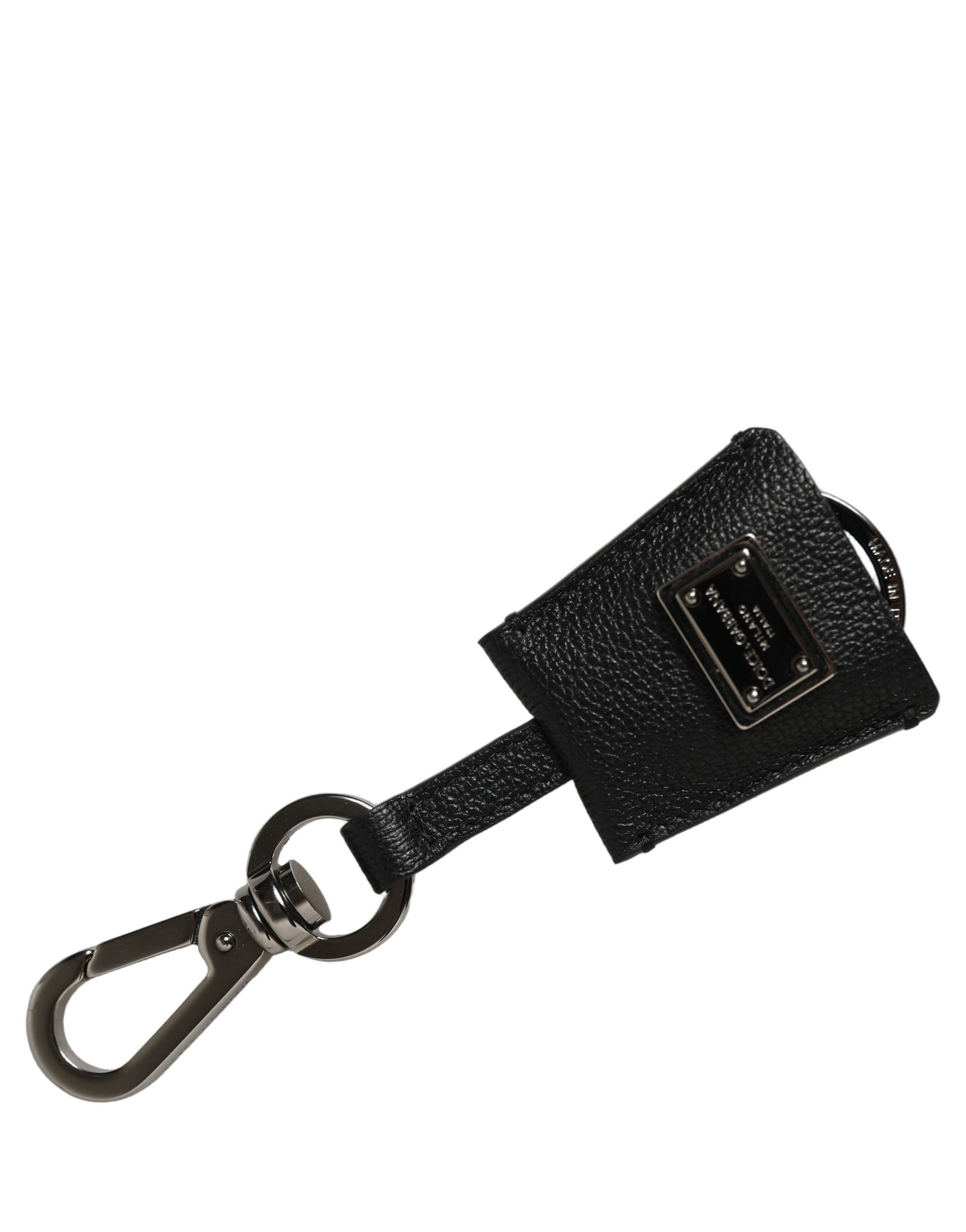 Dolce & Gabbana Black Dauphine Leather Silver Metal Logo Plaque Keyring - Image 5
