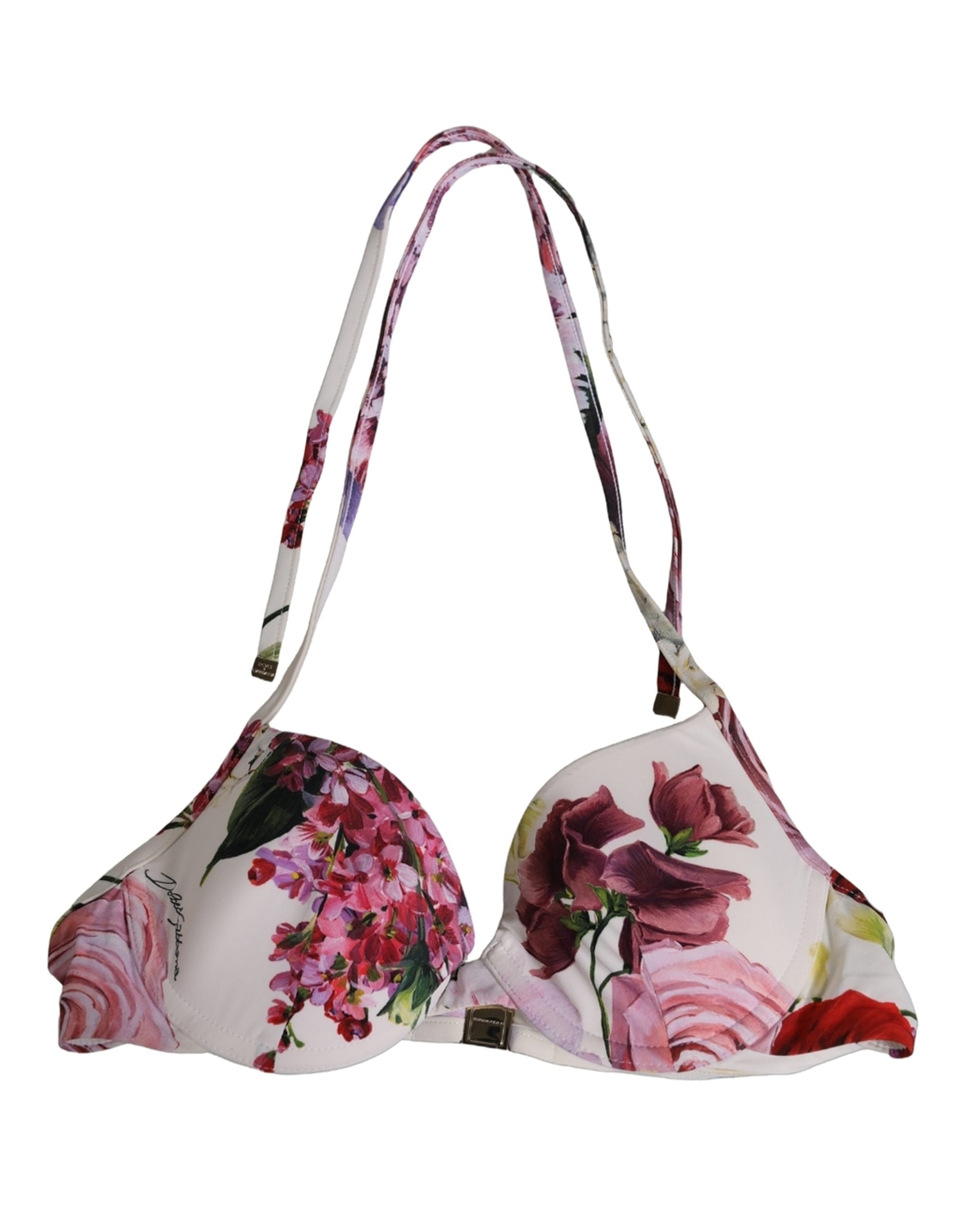 Dolce & Gabbana White Floral Print Nylon Beachwear Bikini Top - Image 2