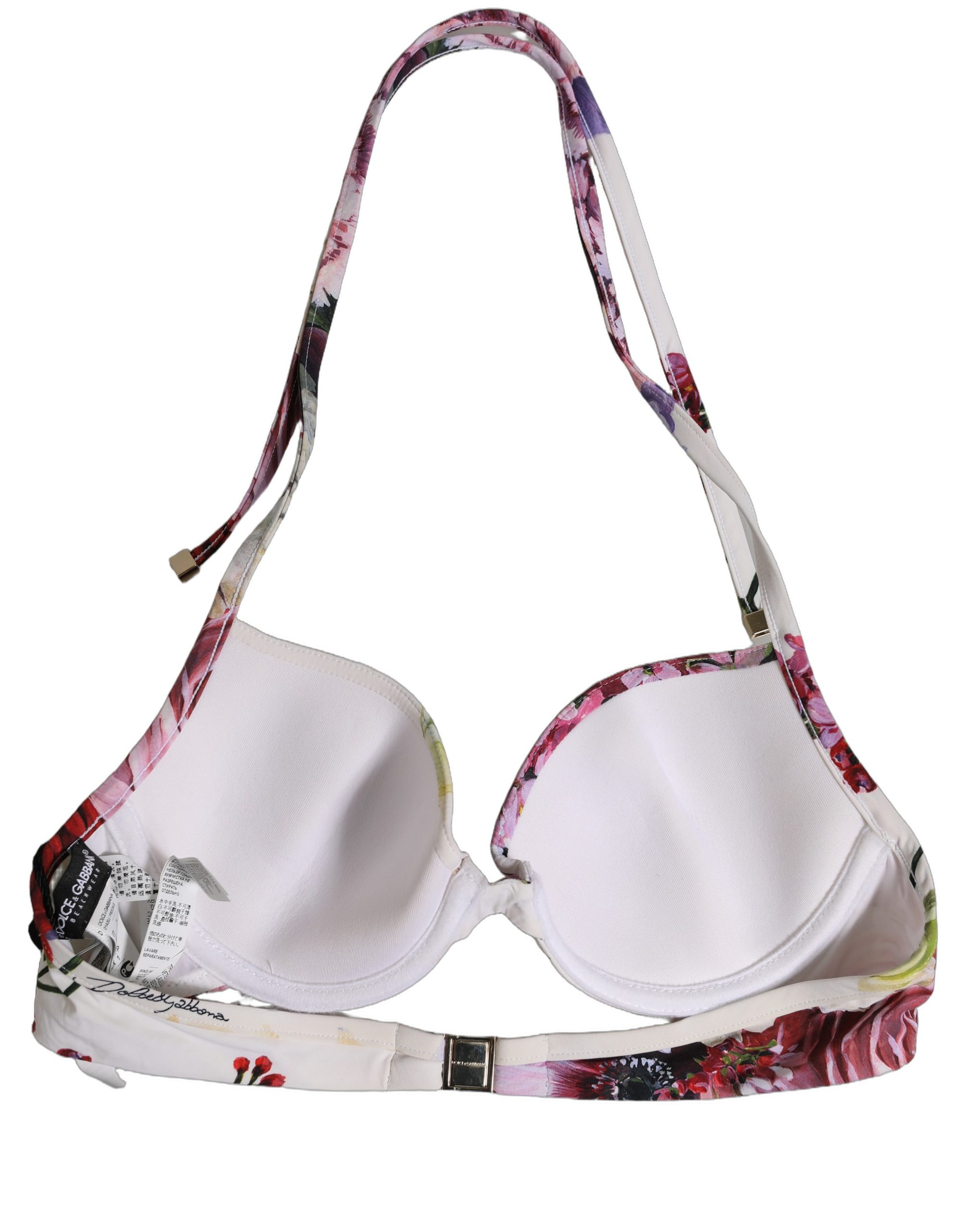 Dolce & Gabbana White Floral Print Nylon Beachwear Bikini Top - Image 4