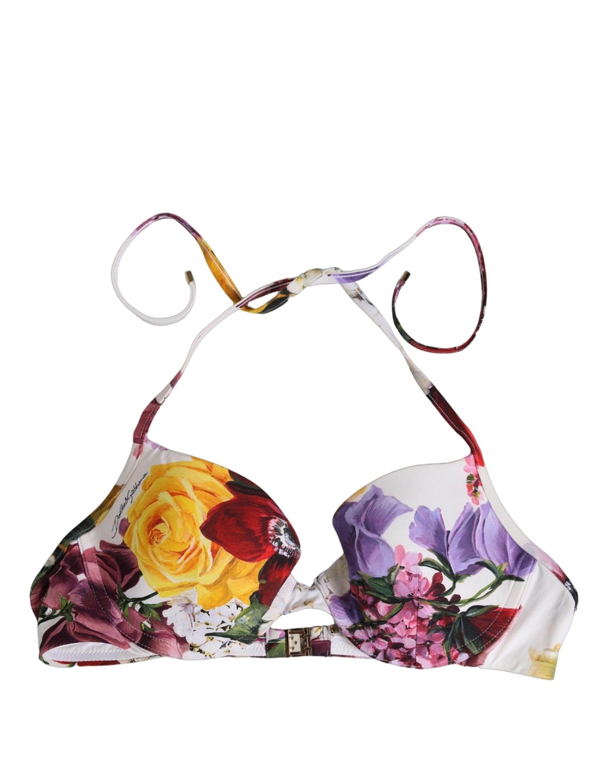 Dolce & Gabbana White Floral Print Nylon Beachwear Bikini Top - Image 2