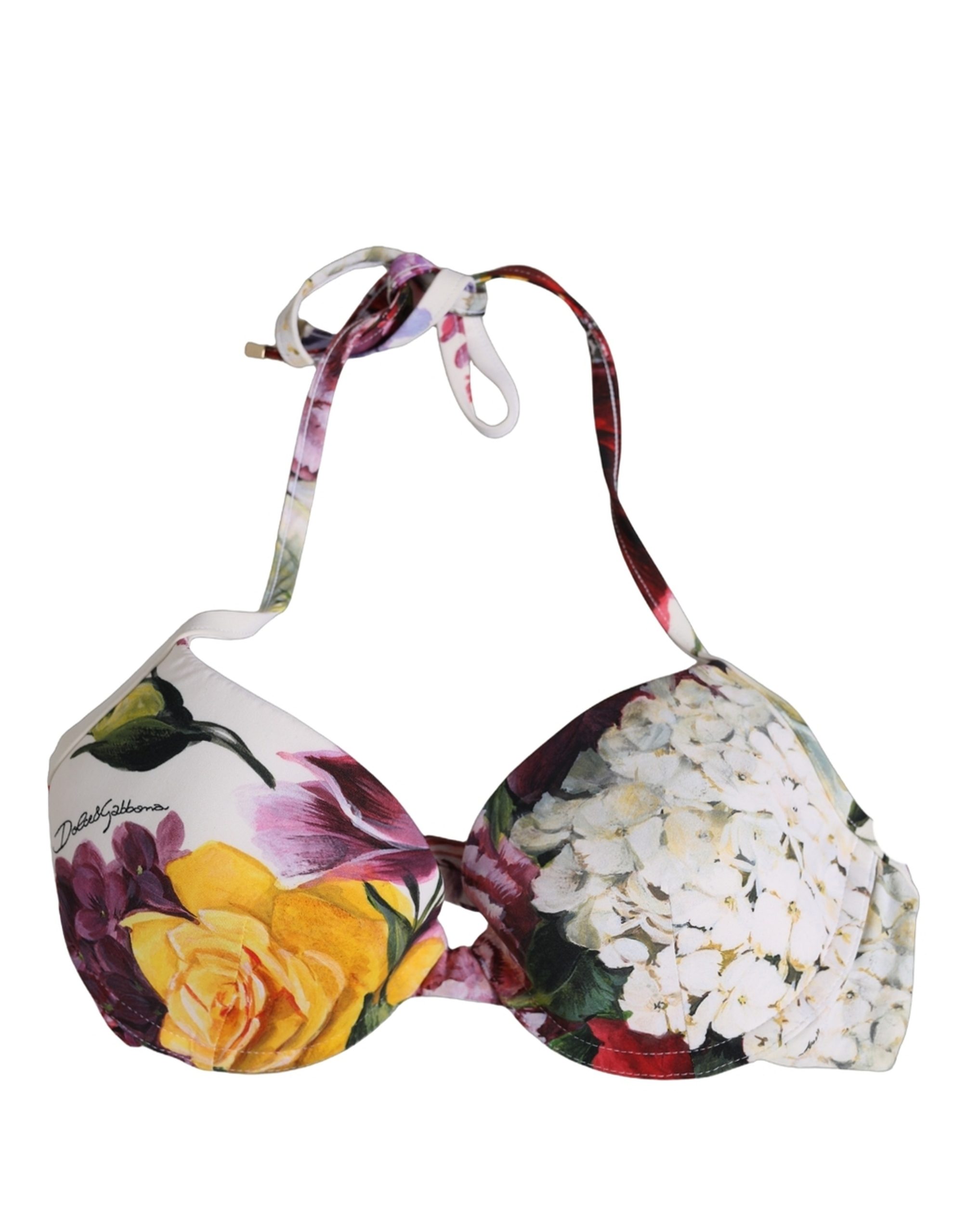 Dolce & Gabbana White Floral Print Nylon Beachwear Bikini Top - Image 3