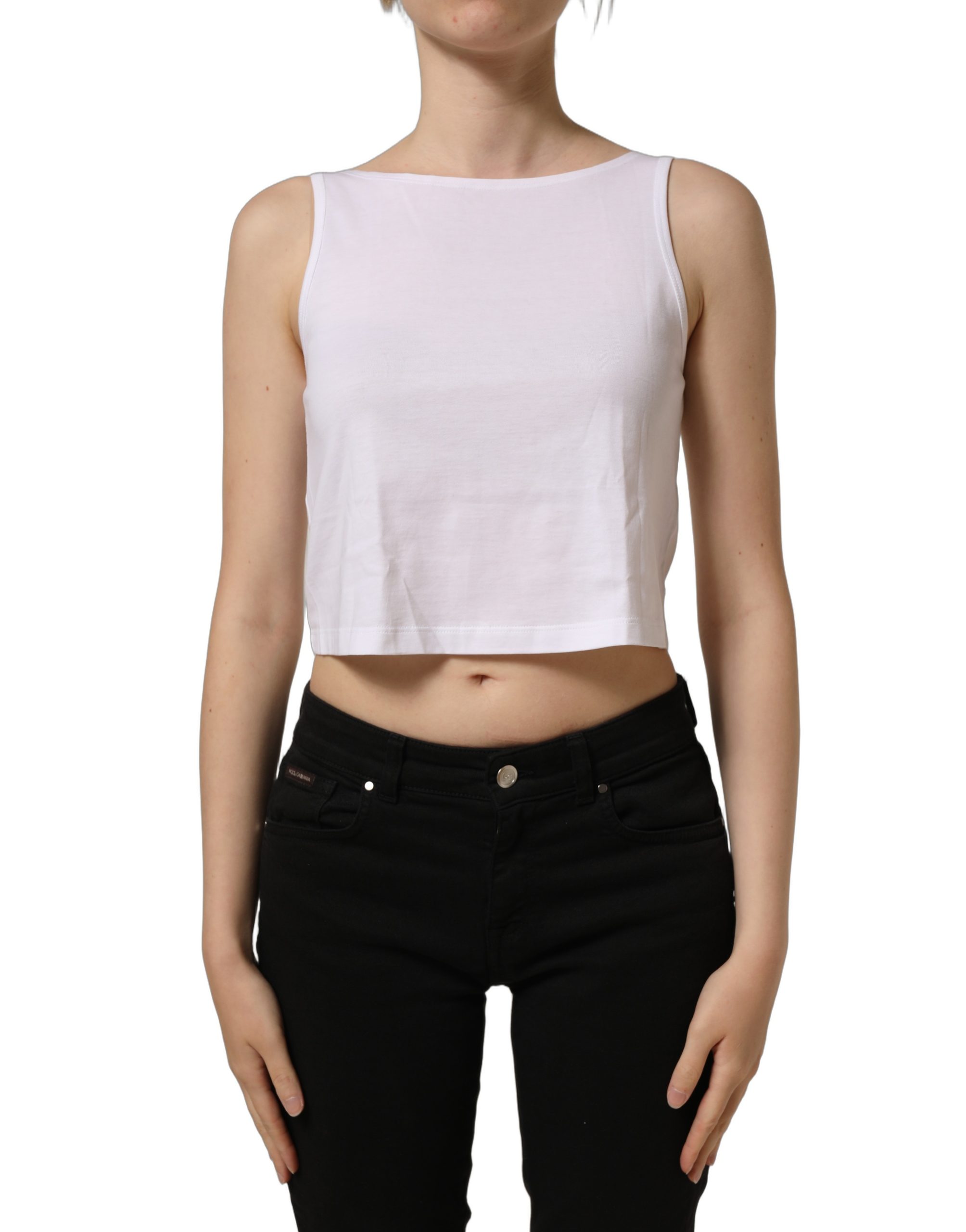 Dolce & Gabbana White Cotton Sleeveless Cropped Tank Top - Image 4
