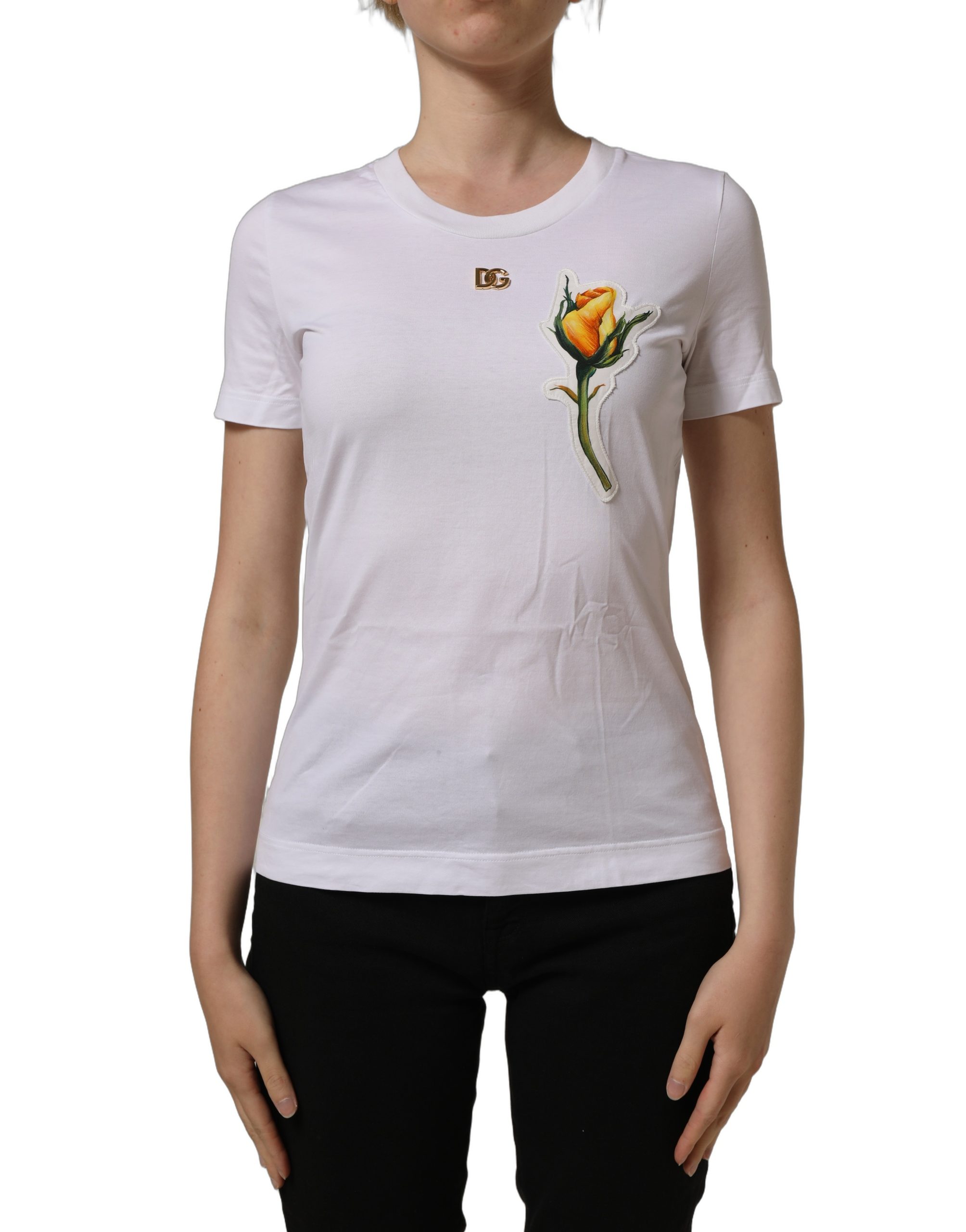 Dolce & Gabbana White Cotton Rose Patch Crew Neck T-shirt - Image 3