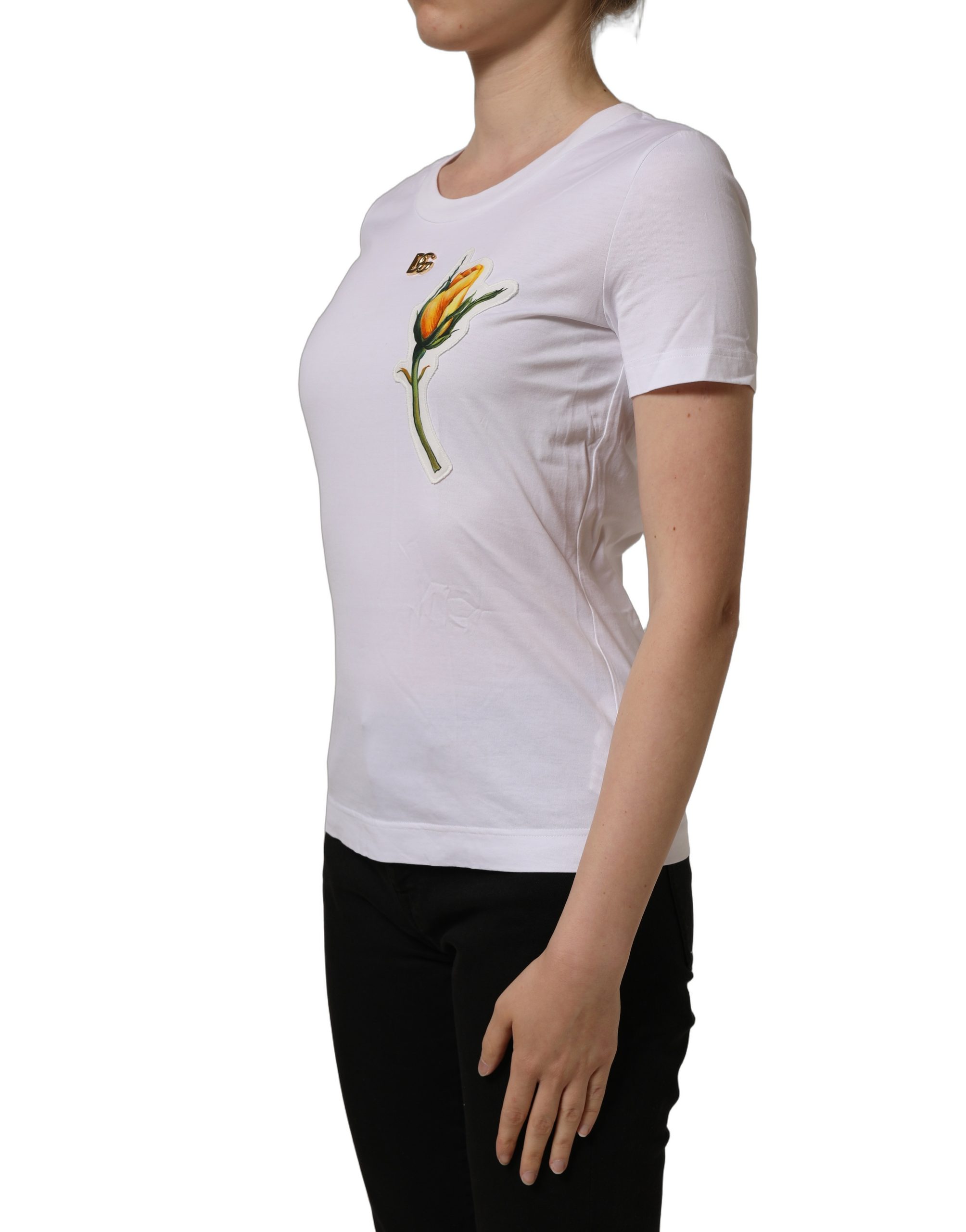 Dolce & Gabbana White Cotton Rose Patch Crew Neck T-shirt - Image 4