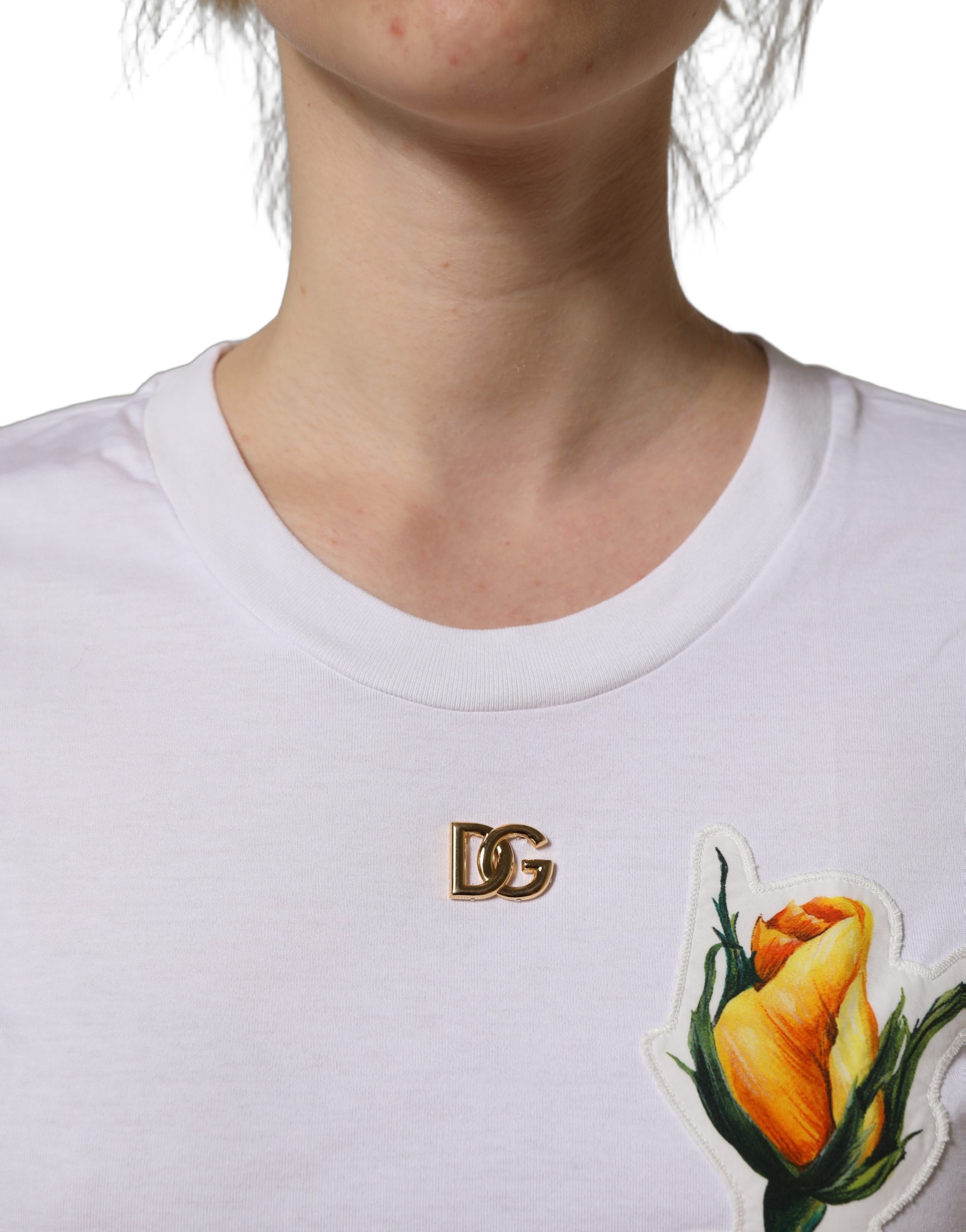 Dolce & Gabbana White Cotton Rose Patch Crew Neck T-shirt - Image 6
