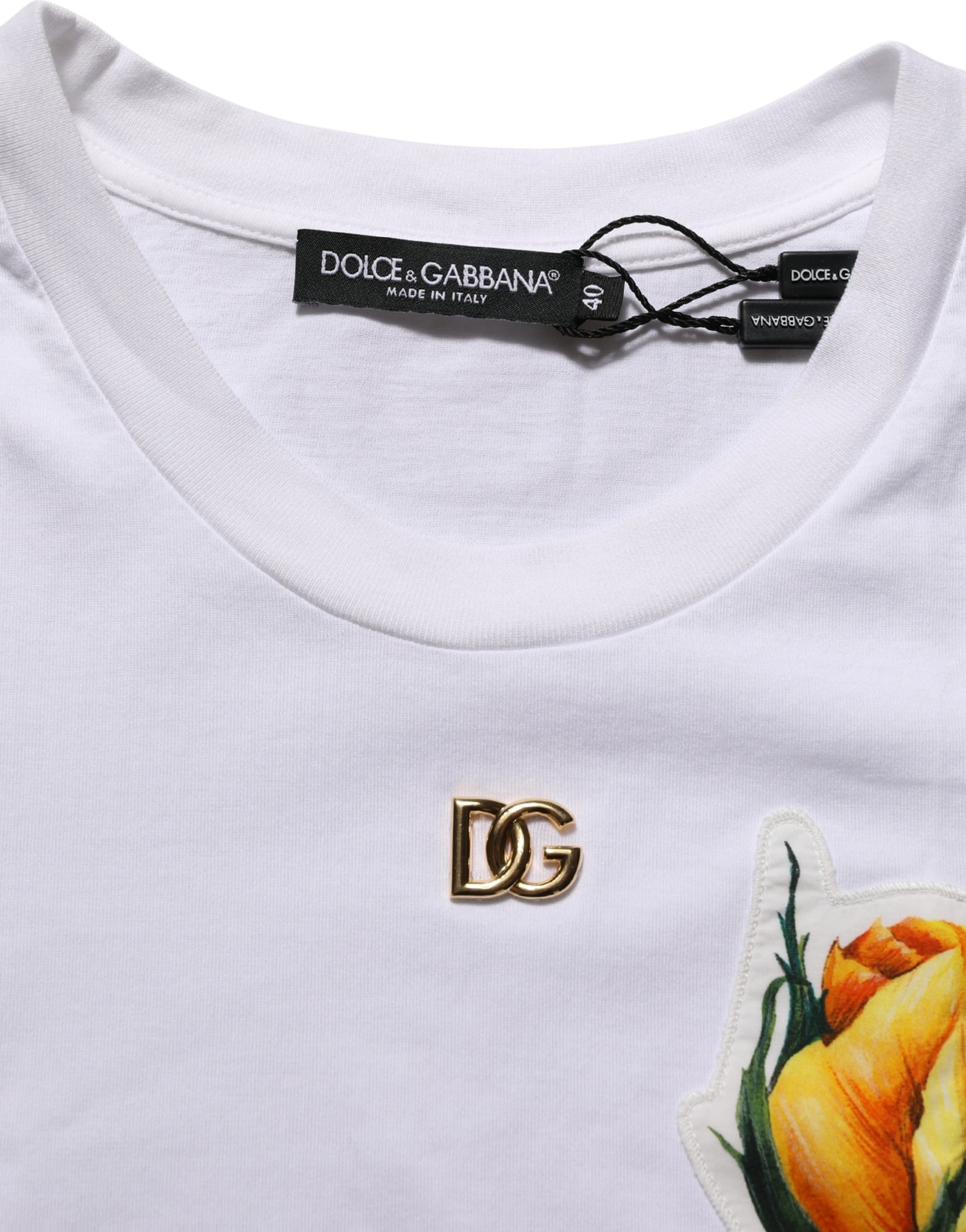 Dolce & Gabbana White Cotton Rose Patch Crew Neck T-shirt - Image 7