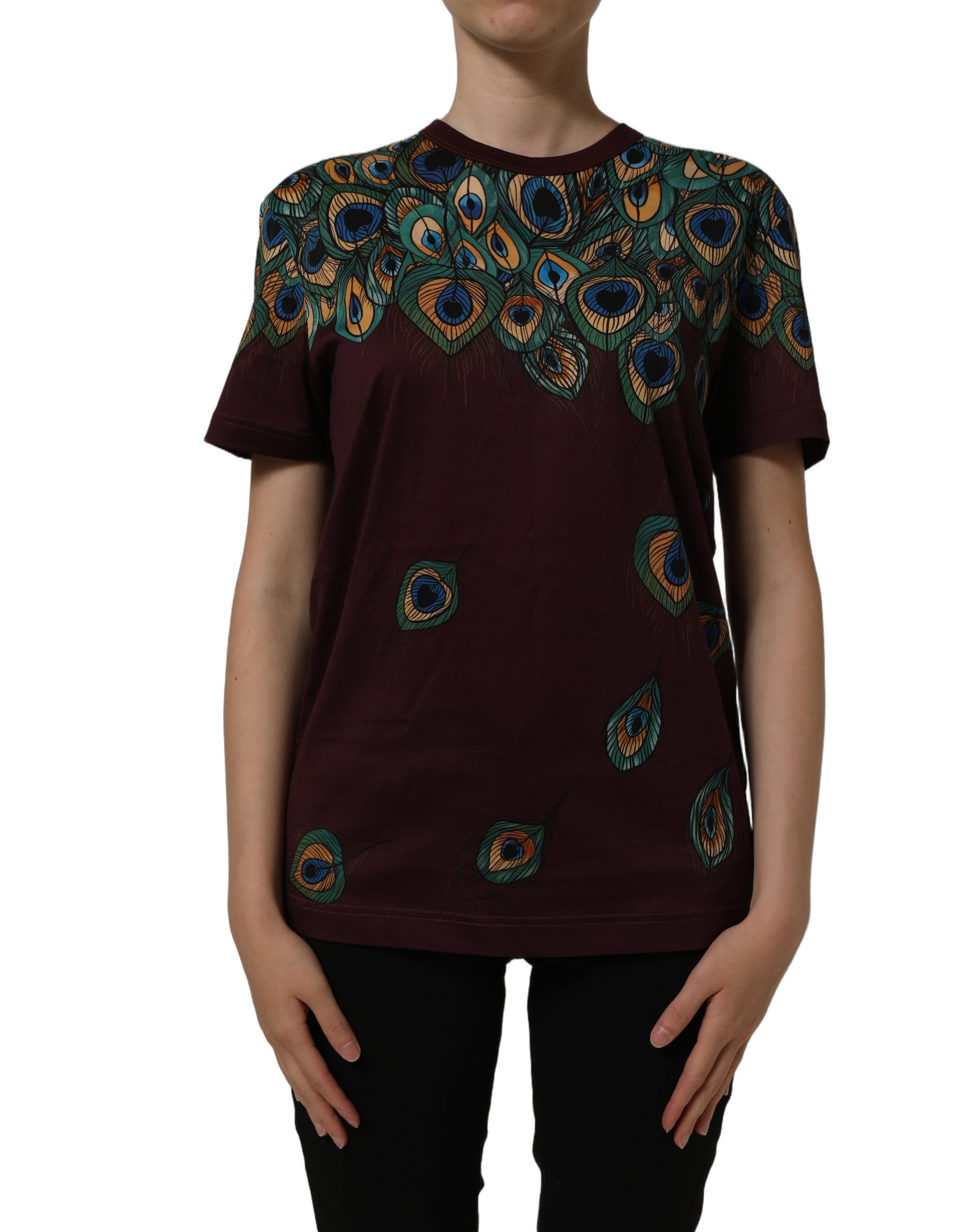 Dolce & Gabbana Burgundy Peacock Feather Round Neck T-shirt - Image 2