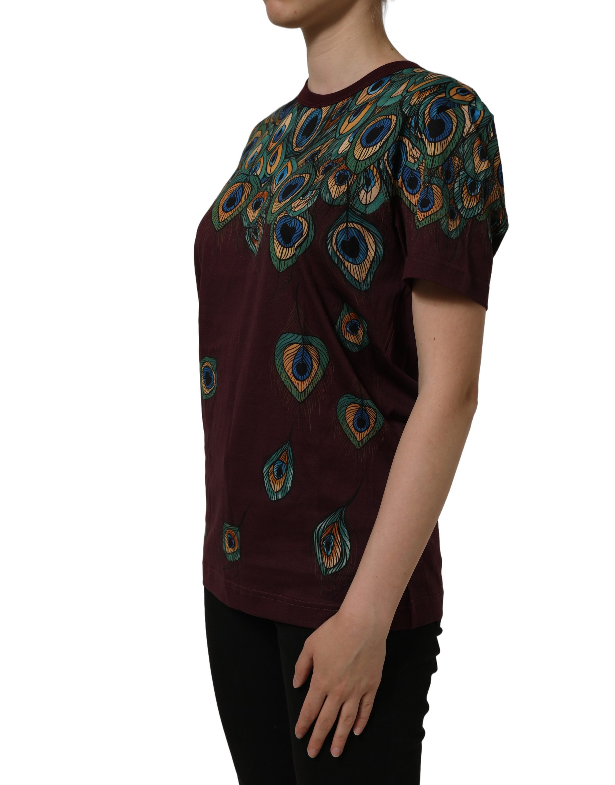 Dolce & Gabbana Burgundy Peacock Feather Round Neck T-shirt - Image 4