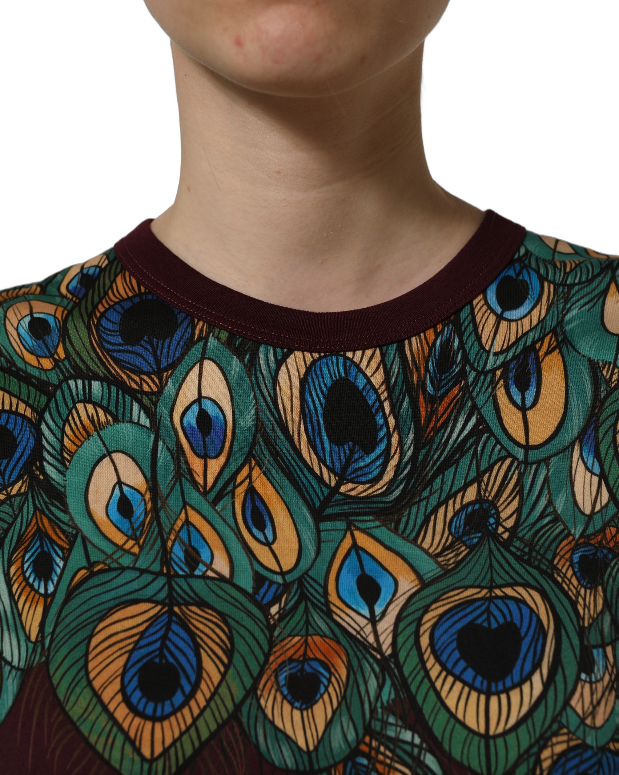 Dolce & Gabbana Burgundy Peacock Feather Round Neck T-shirt - Image 5