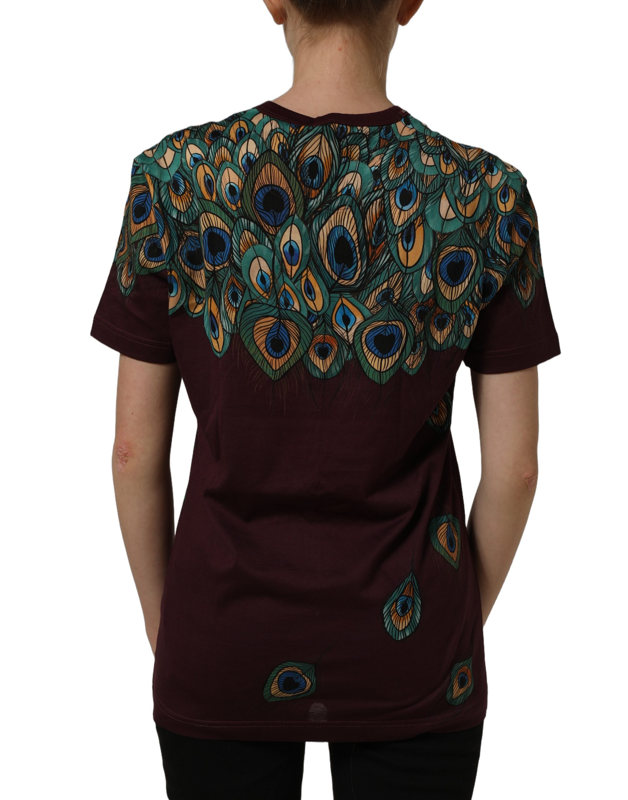 Dolce & Gabbana Burgundy Peacock Feather Round Neck T-shirt - Image 6