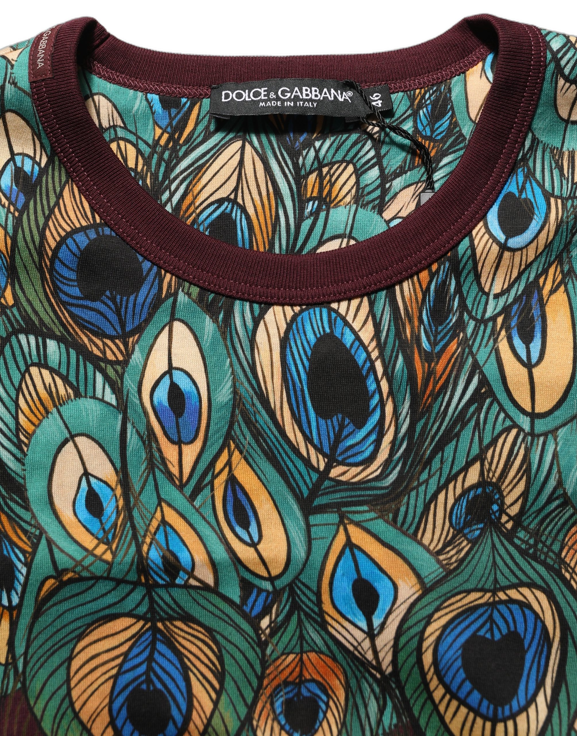 Dolce & Gabbana Burgundy Peacock Feather Round Neck T-shirt - Image 7