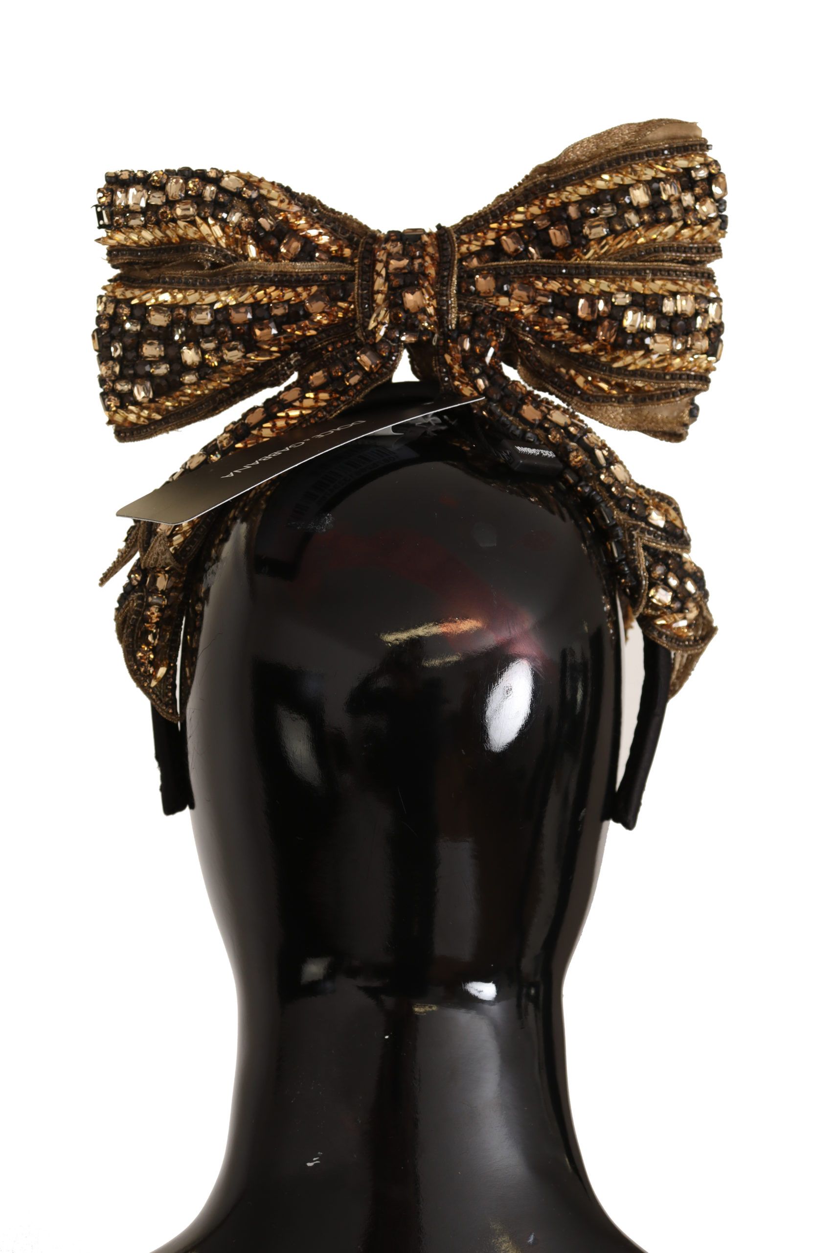 Dolce & Gabbana Gold Crystal Beaded Sequined Silk Bow Headband Diadem - Image 2