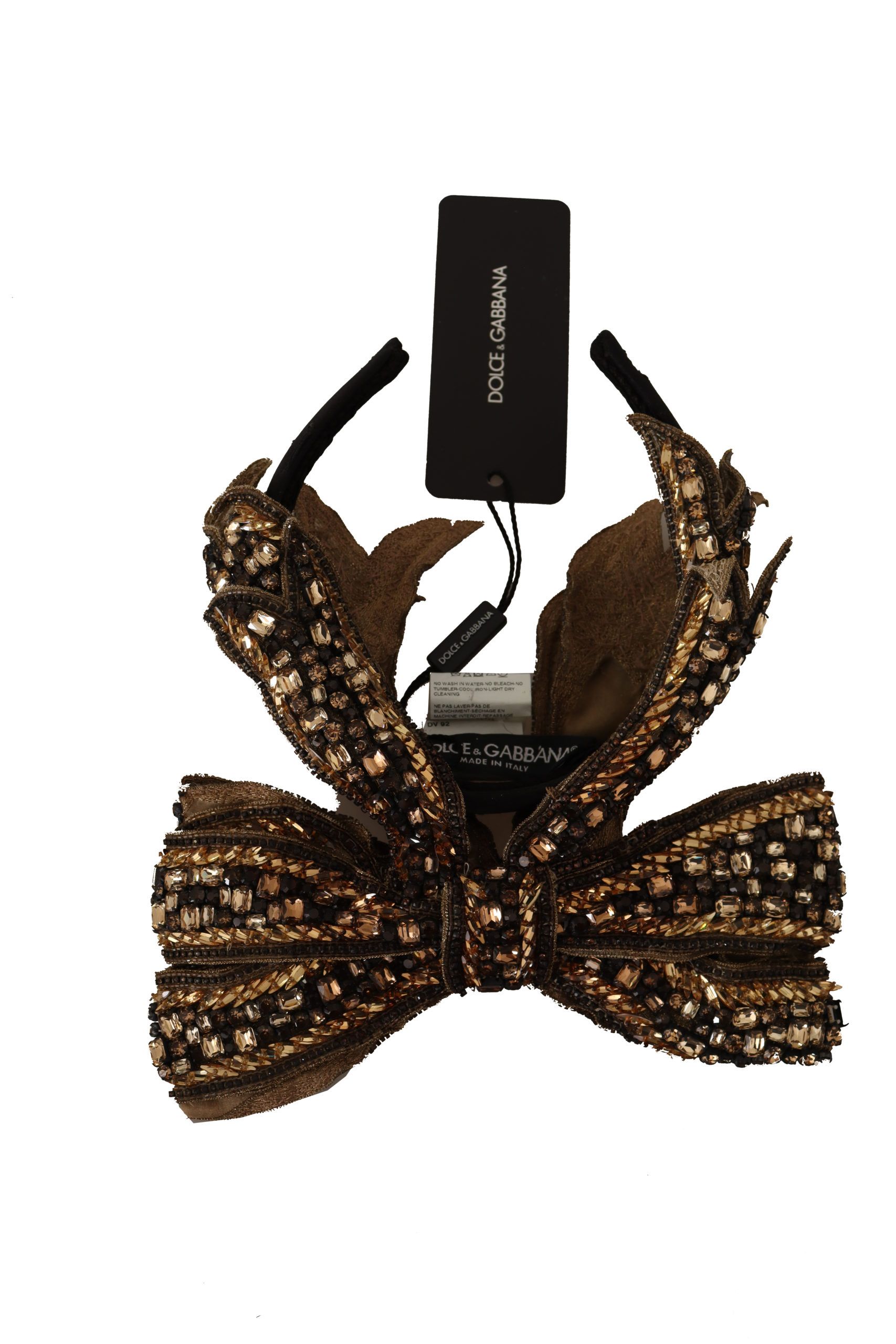 Dolce & Gabbana Gold Crystal Beaded Sequined Silk Bow Headband Diadem - Image 5