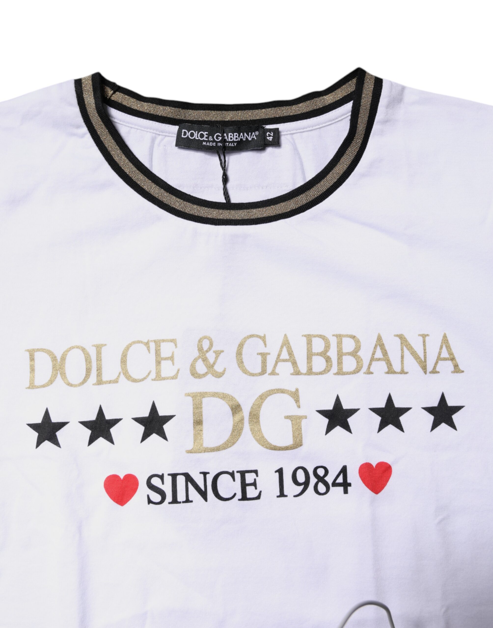 Dolce & Gabbana White Printed Round Neck Top Cotton T-shirt - Image 5
