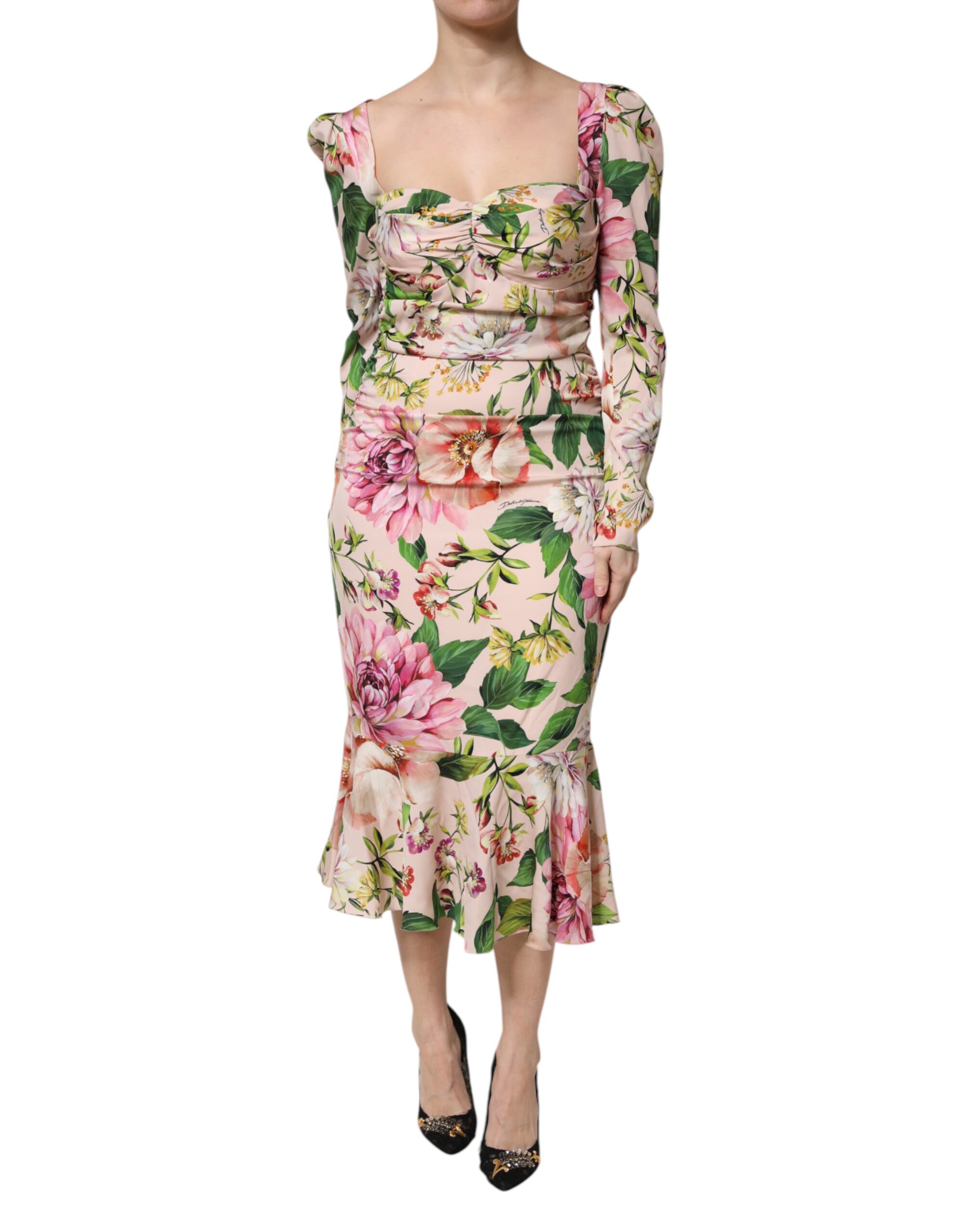 Dolce & Gabbana Pink Floral Silk Fit And Flared Midi Dress - Image 2