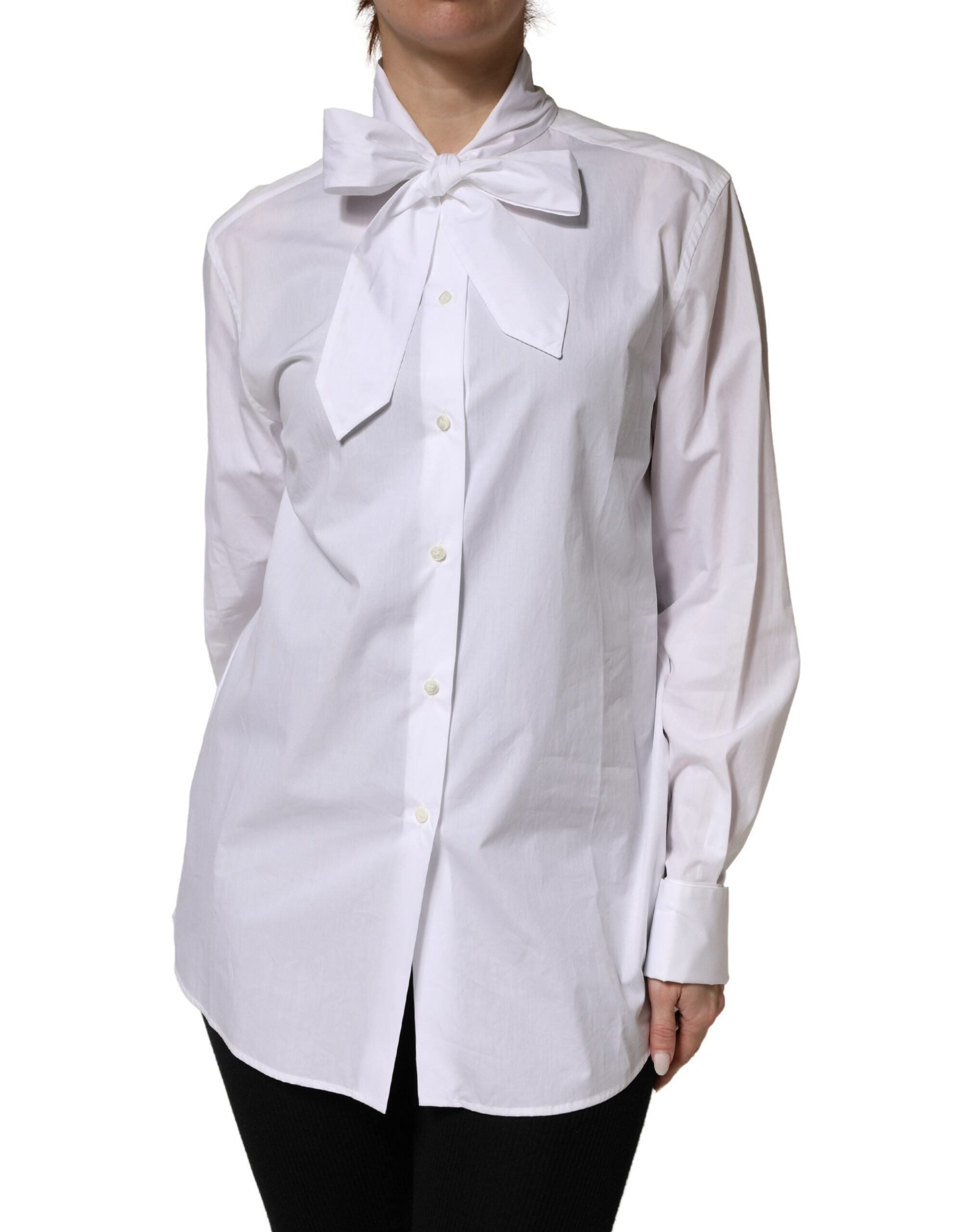 Dolce & Gabbana White Cotton Bow Tie Long Sleeves Blouse Top - Image 2