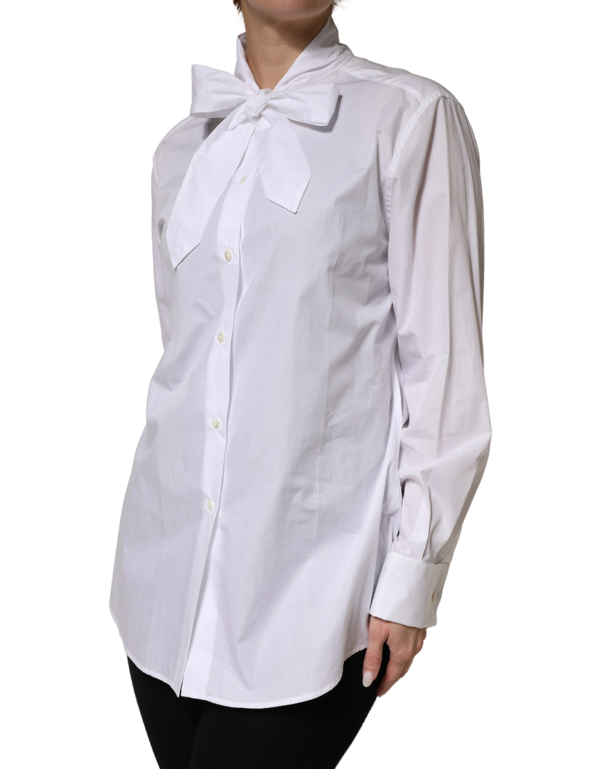 Dolce & Gabbana White Cotton Bow Tie Long Sleeves Blouse Top - Image 3