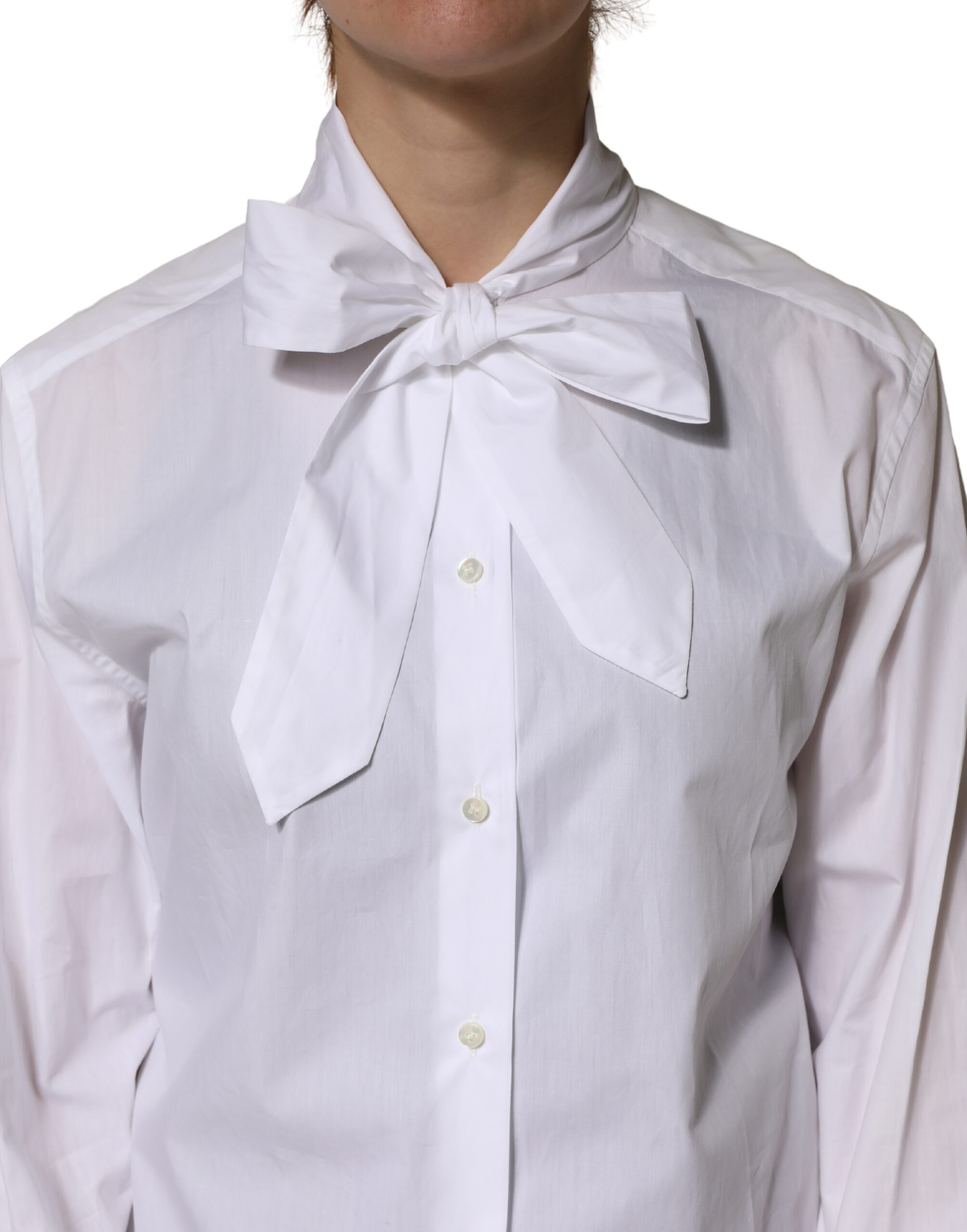 Dolce & Gabbana White Cotton Bow Tie Long Sleeves Blouse Top - Image 5