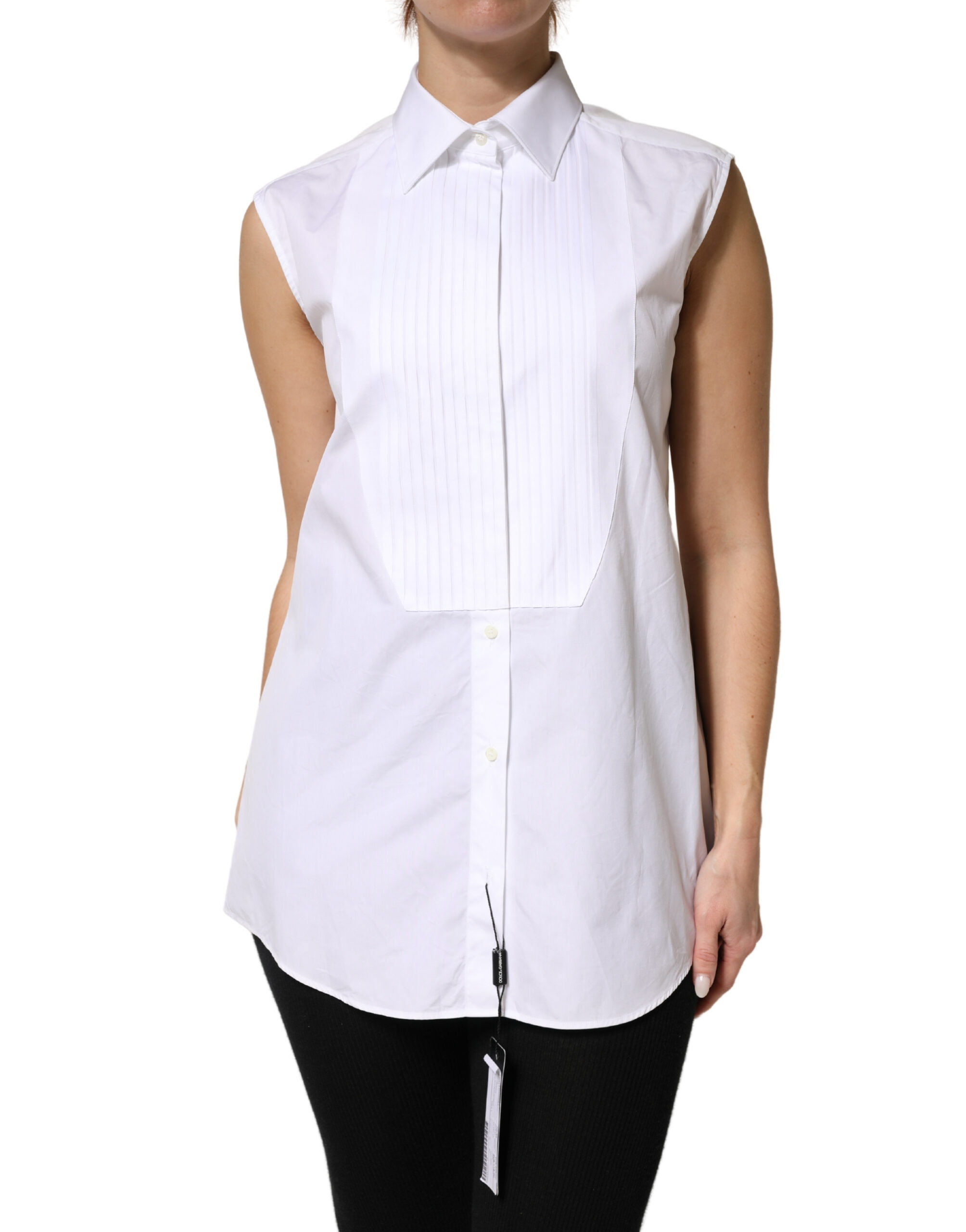 Dolce & Gabbana White Cotton Pleated Sleeveless Button Down Top - Image 2