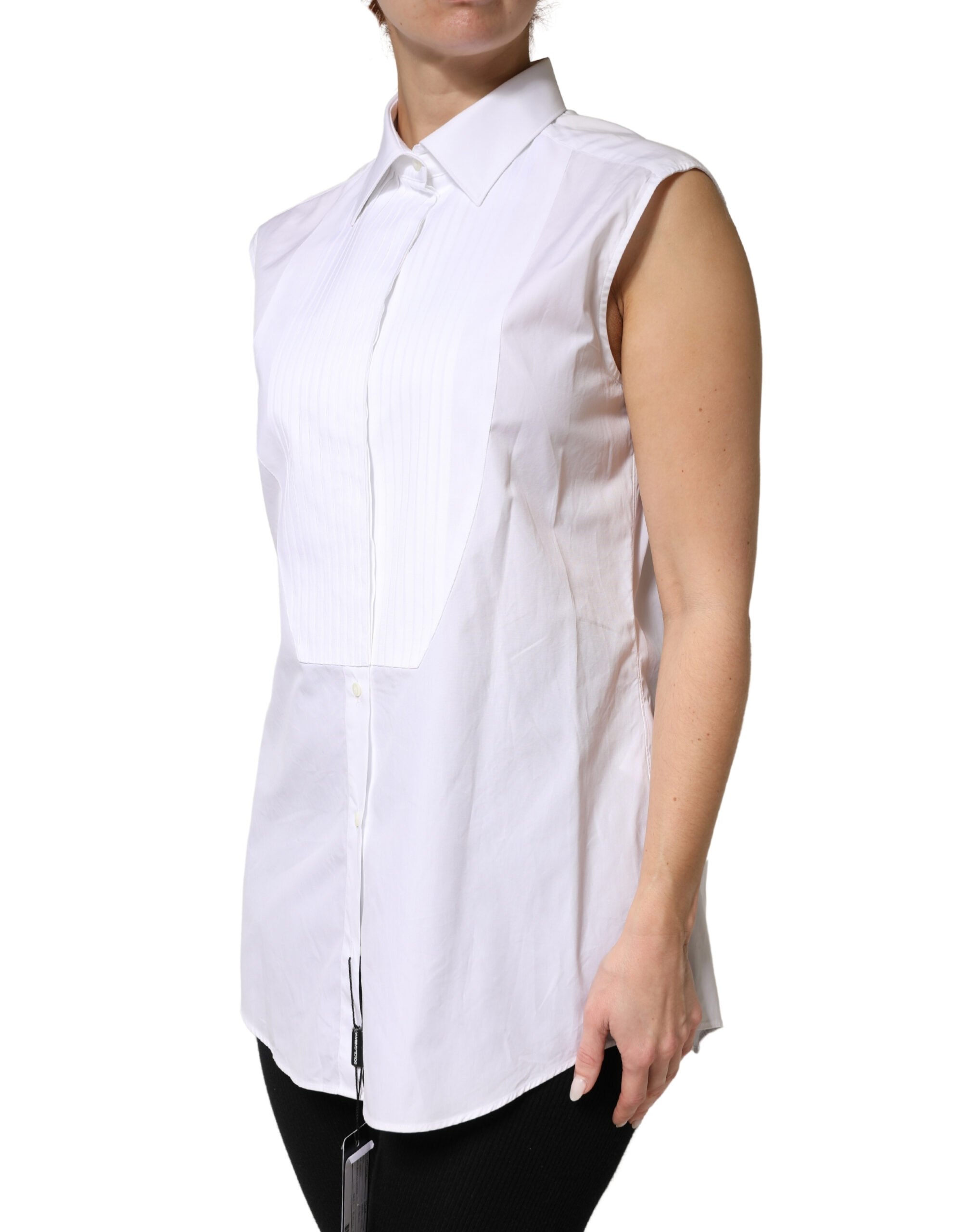 Dolce & Gabbana White Cotton Pleated Sleeveless Button Down Top - Image 3