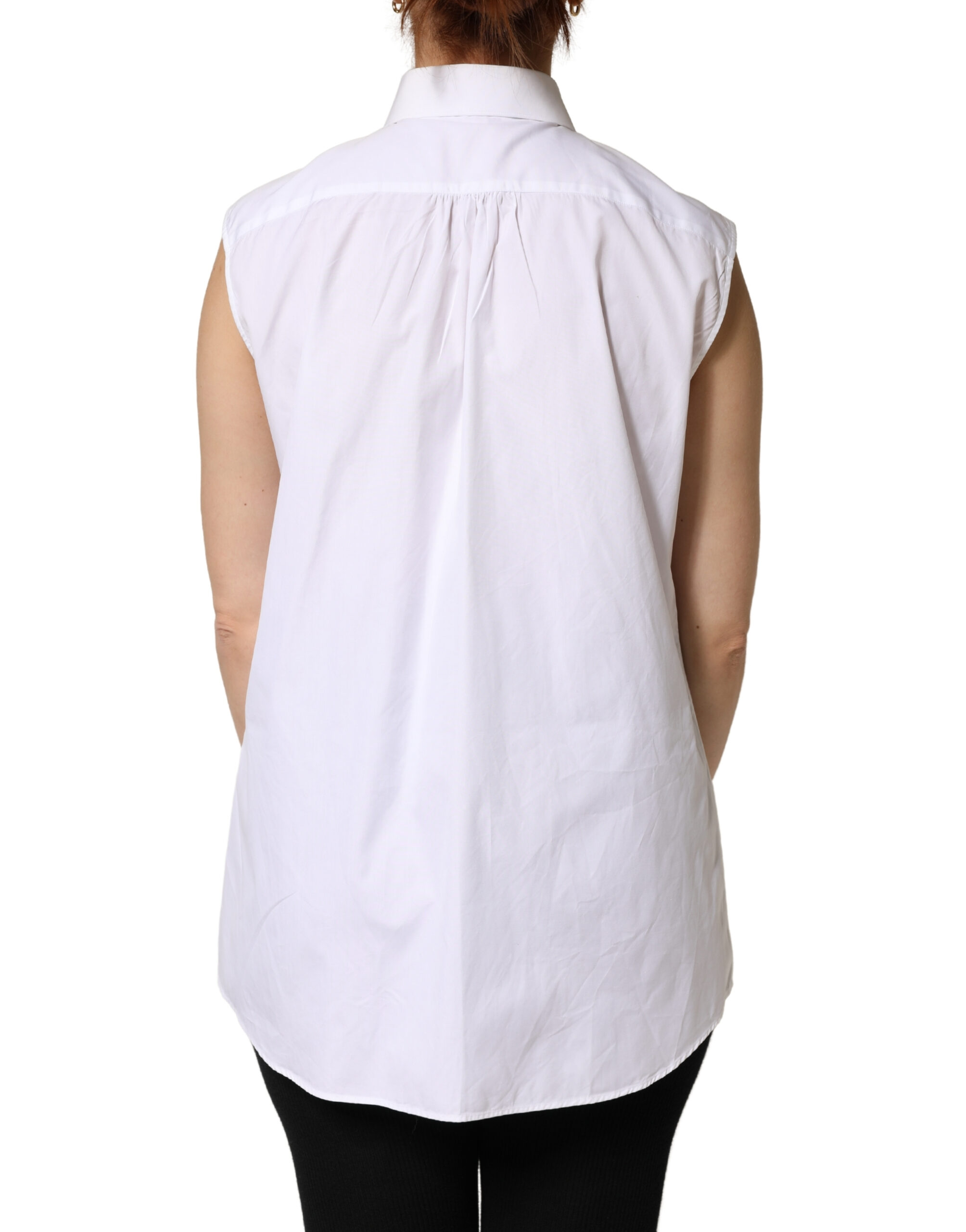 Dolce & Gabbana White Cotton Pleated Sleeveless Button Down Top - Image 4