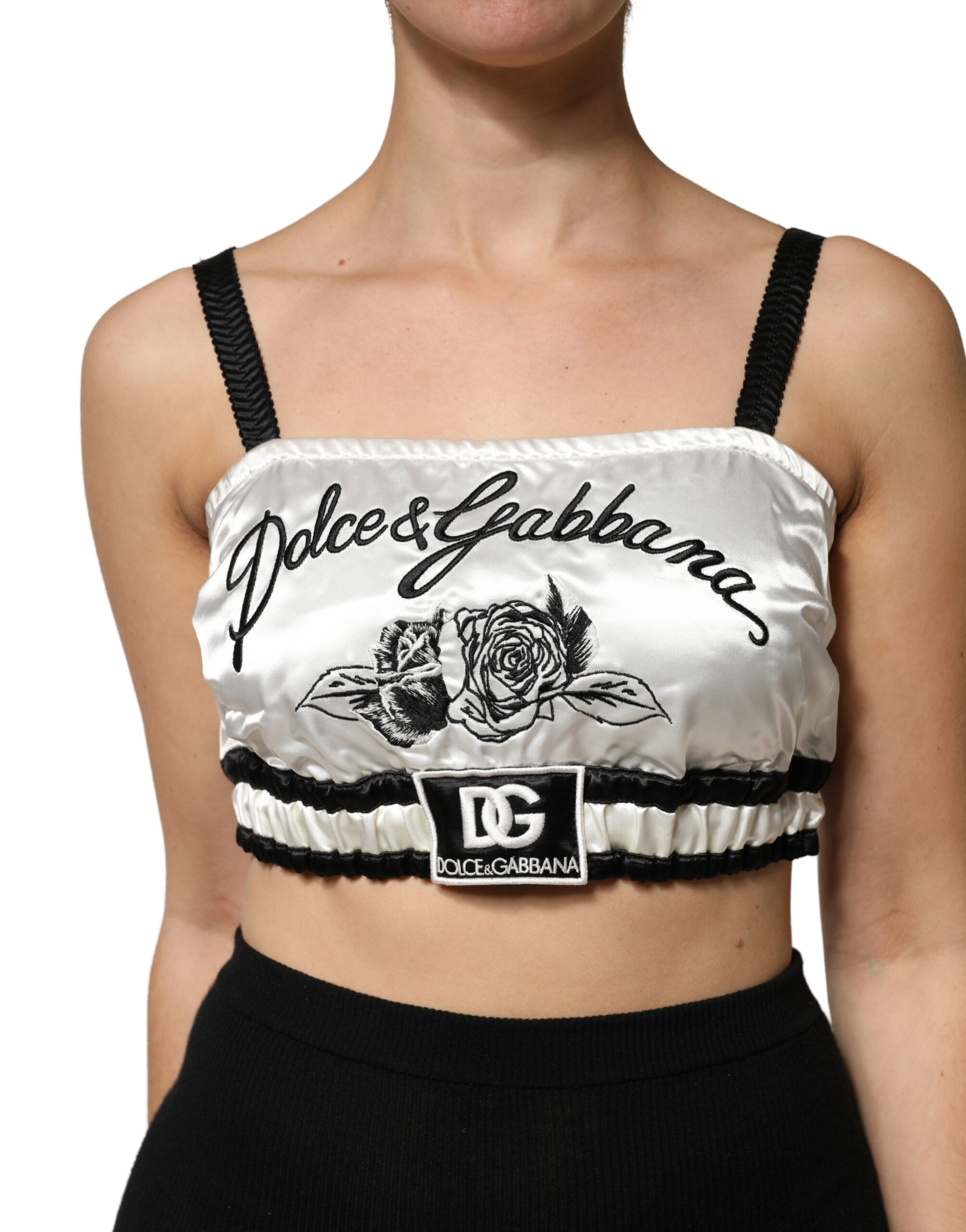 Dolce & Gabbana White Silk Satin Crop Black Logo Bralette Top - Image 2