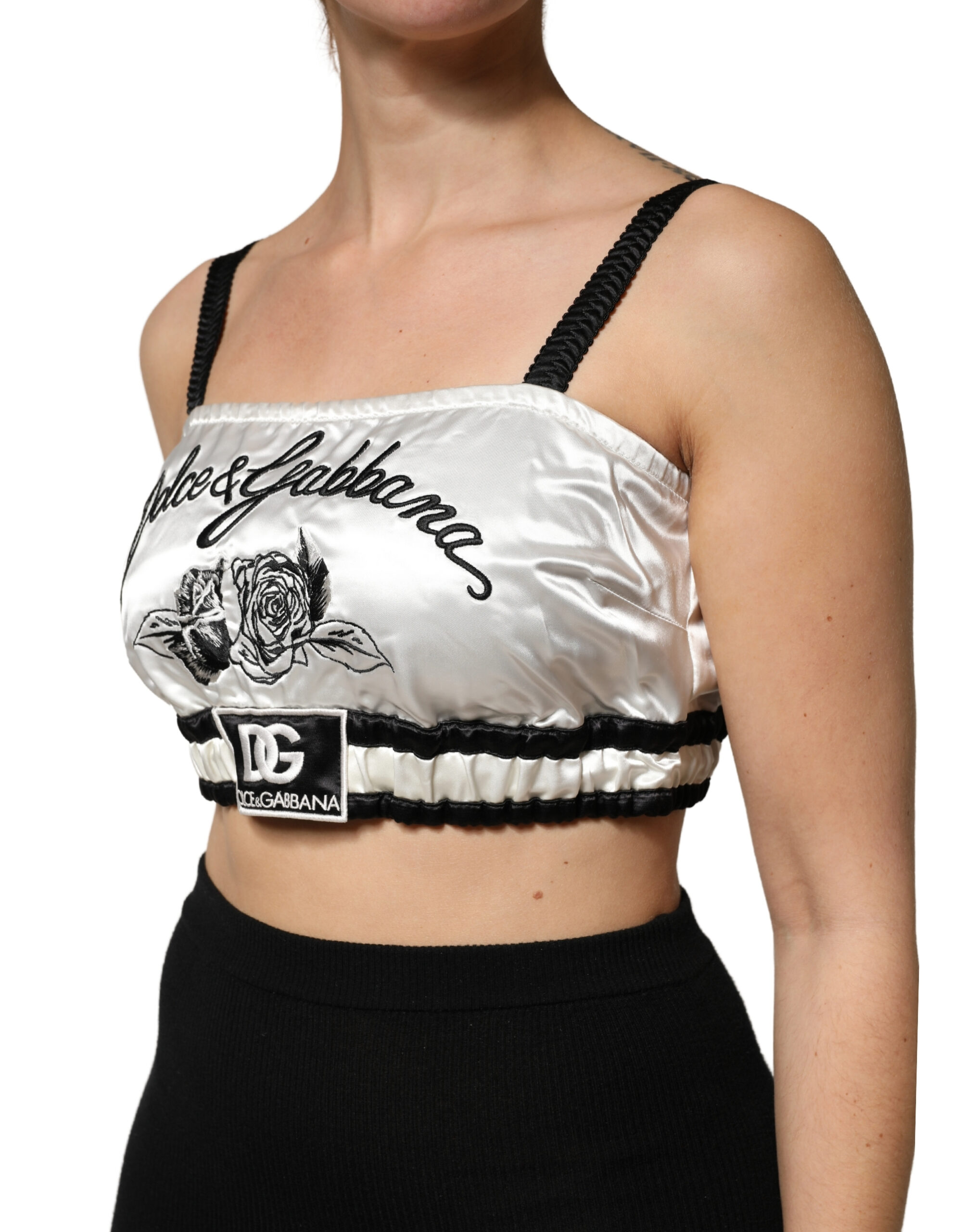 Dolce & Gabbana White Silk Satin Crop Black Logo Bralette Top - Image 3