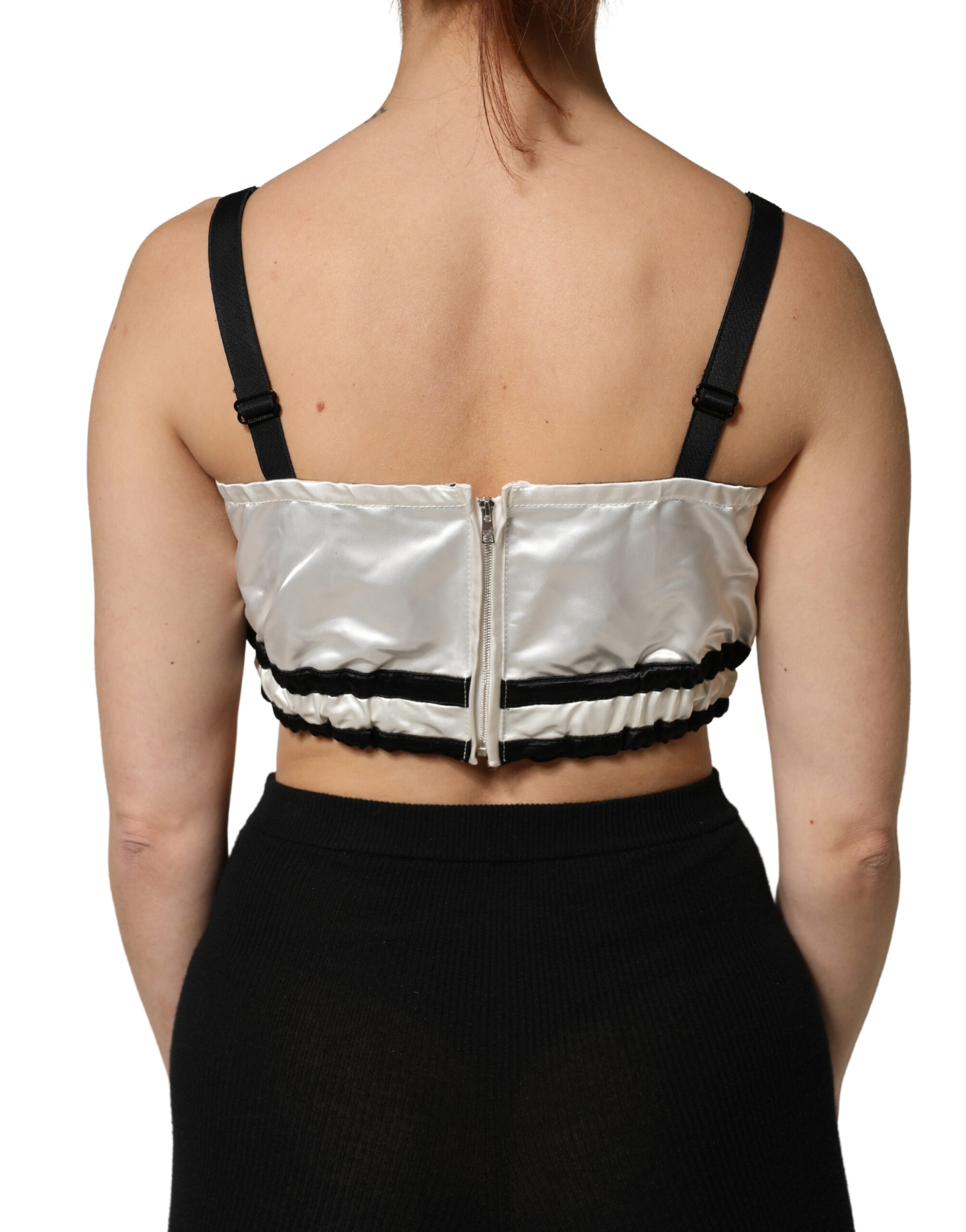 Dolce & Gabbana White Silk Satin Crop Black Logo Bralette Top - Image 4