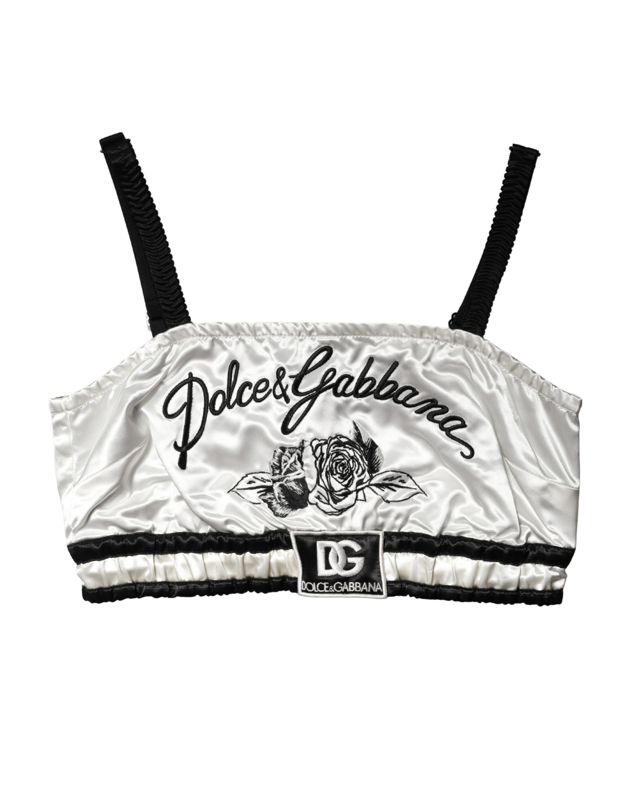 Dolce & Gabbana White Silk Satin Crop Black Logo Bralette Top - Image 6