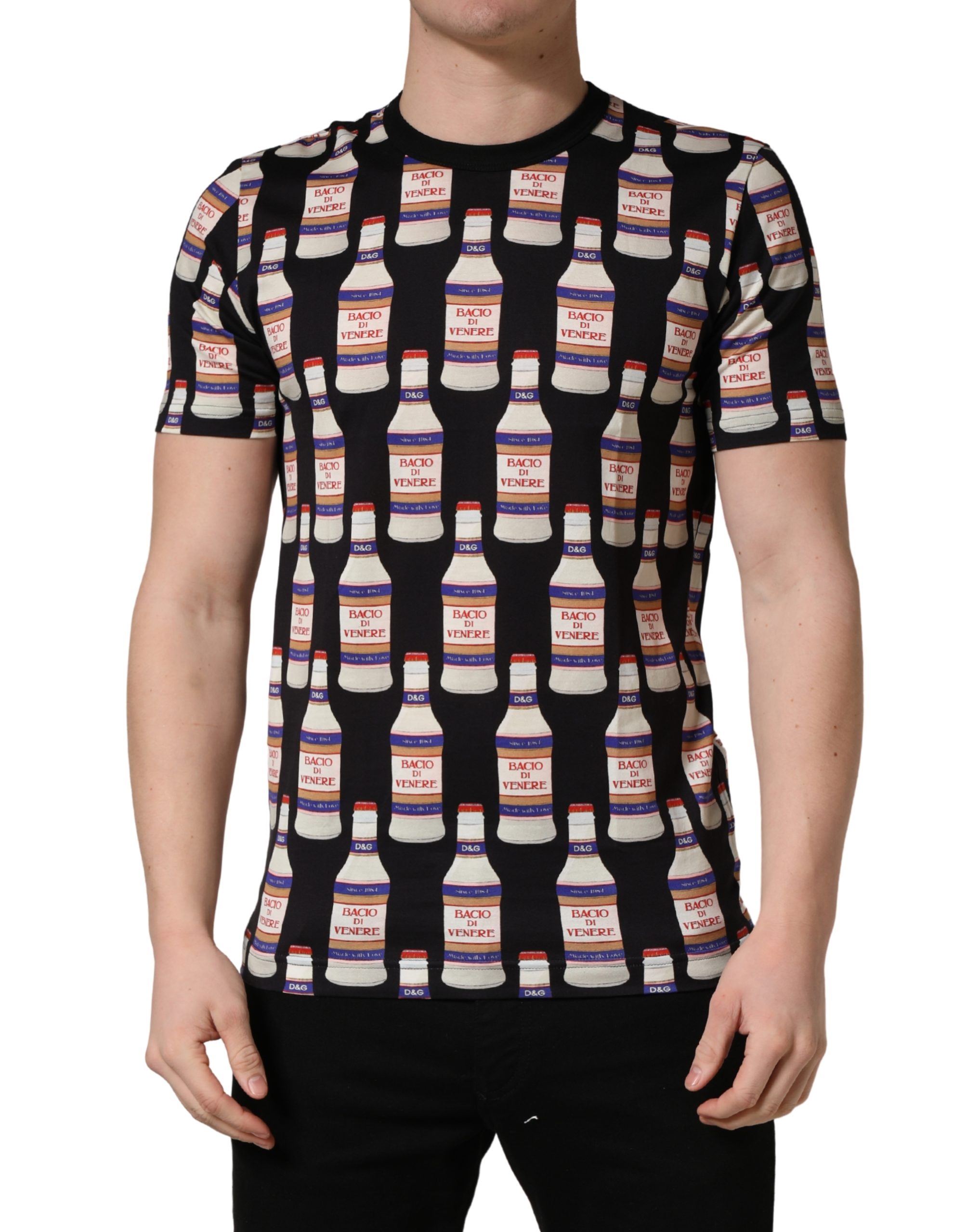 Dolce & Gabbana Black Bottle Print Cotton Crew Neck T-shirt - Image 2
