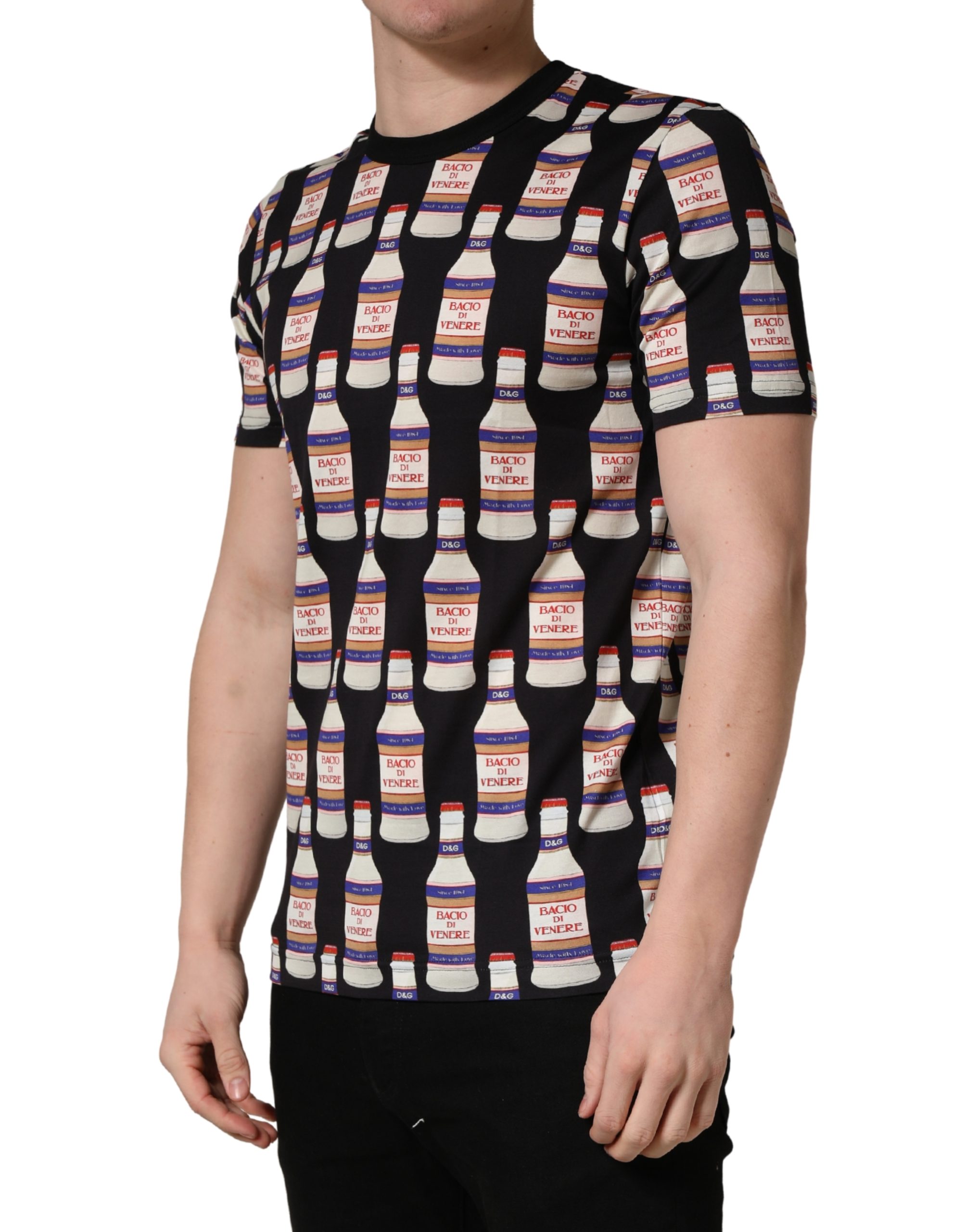 Dolce & Gabbana Black Bottle Print Cotton Crew Neck T-shirt - Image 3