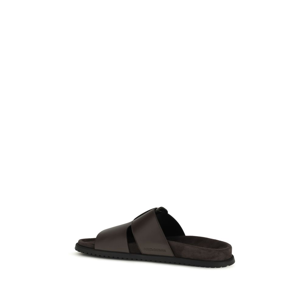 Dolce & Gabbana Brown Calf Leather Bos Taurus Flat Sandals - Image 3
