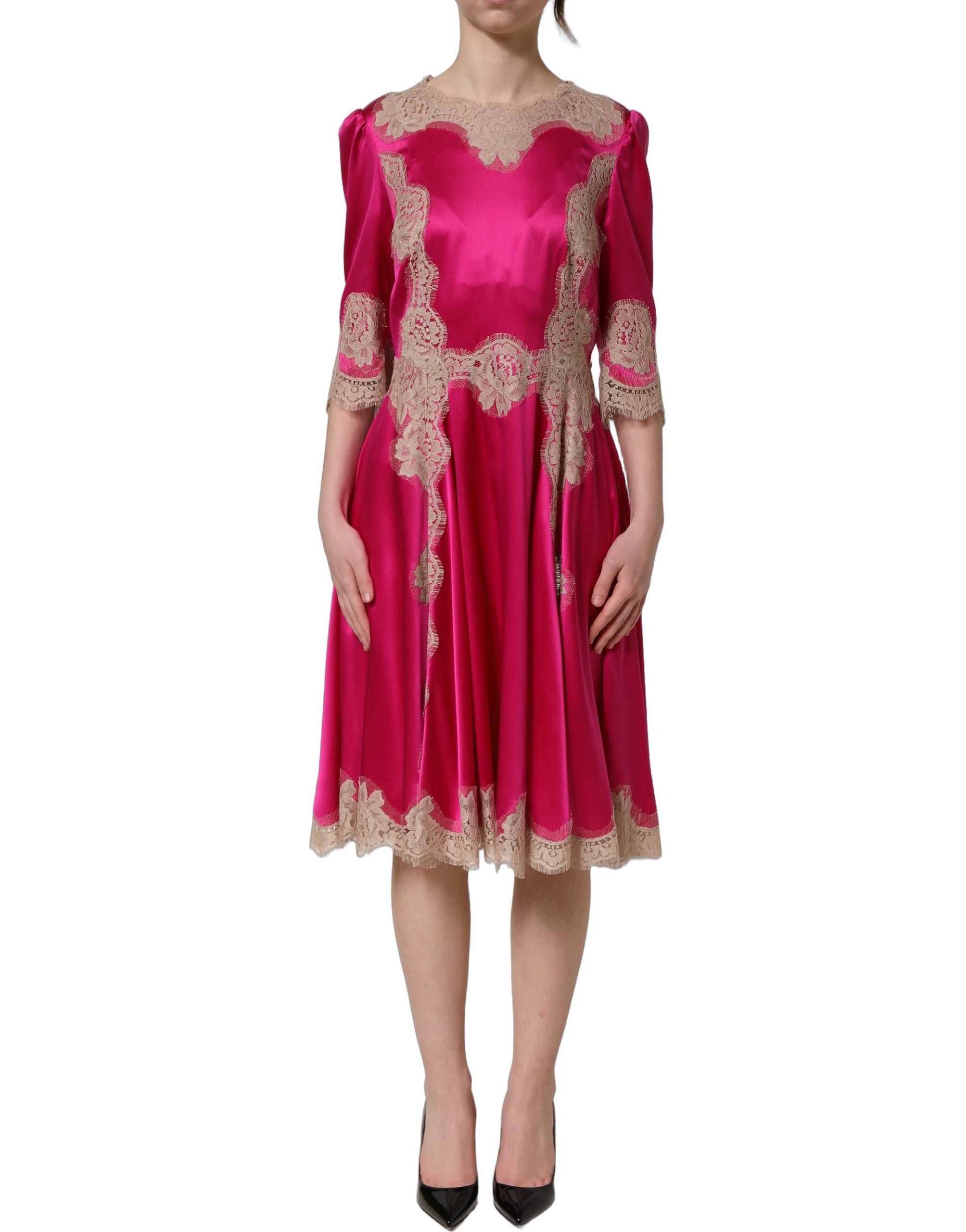 Dolce & Gabbana Fuchsia Pink Lace Detail A-line Midi Dress - Image 2
