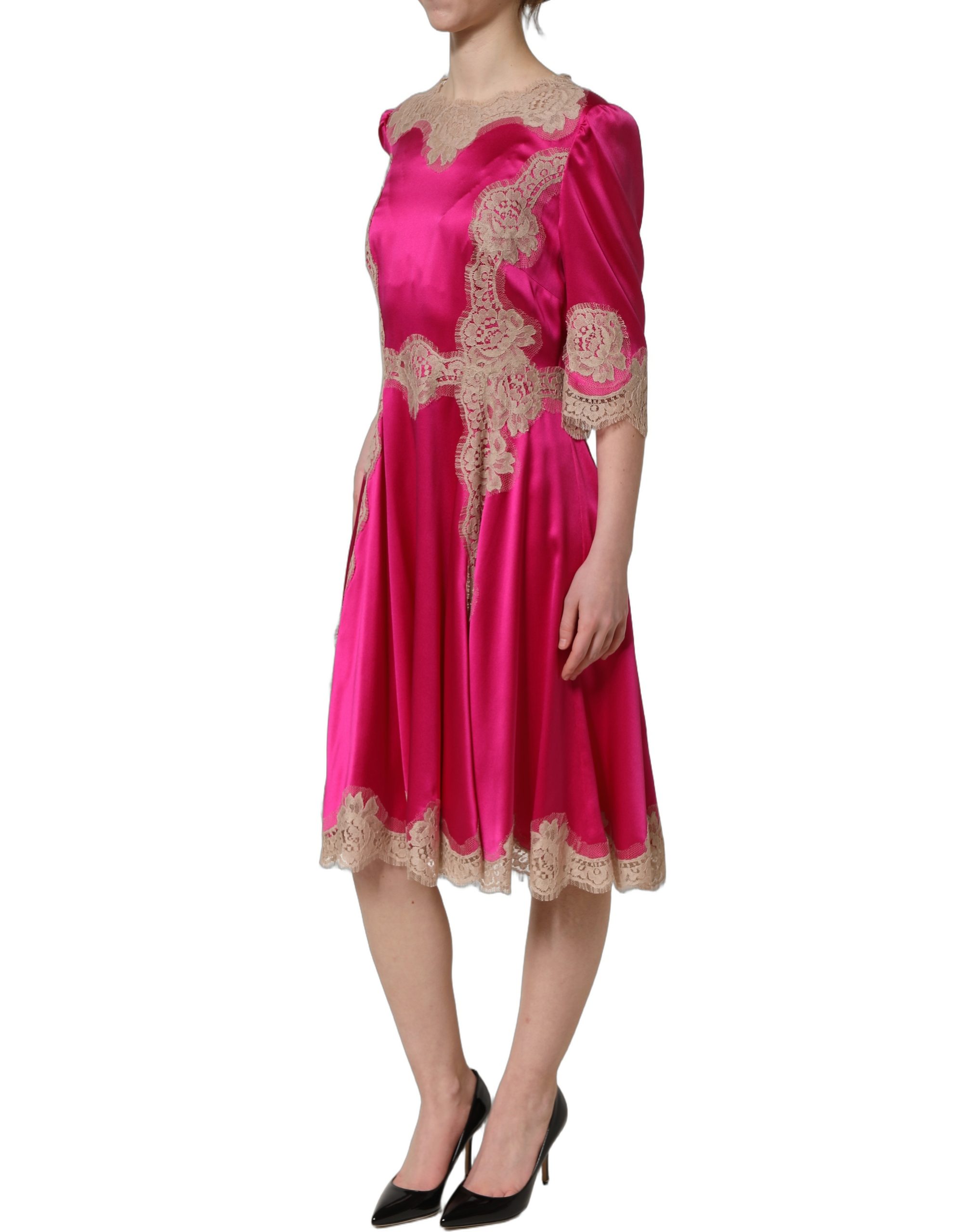 Dolce & Gabbana Fuchsia Pink Lace Detail A-line Midi Dress - Image 4