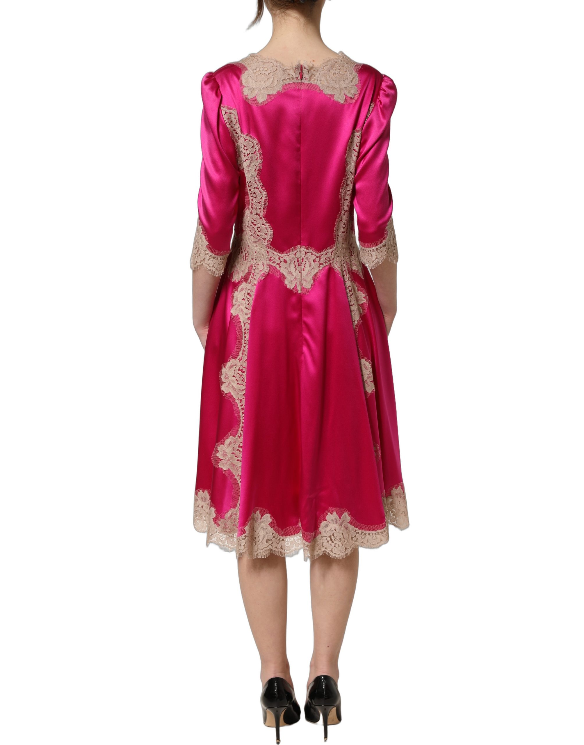 Dolce & Gabbana Fuchsia Pink Lace Detail A-line Midi Dress - Image 5