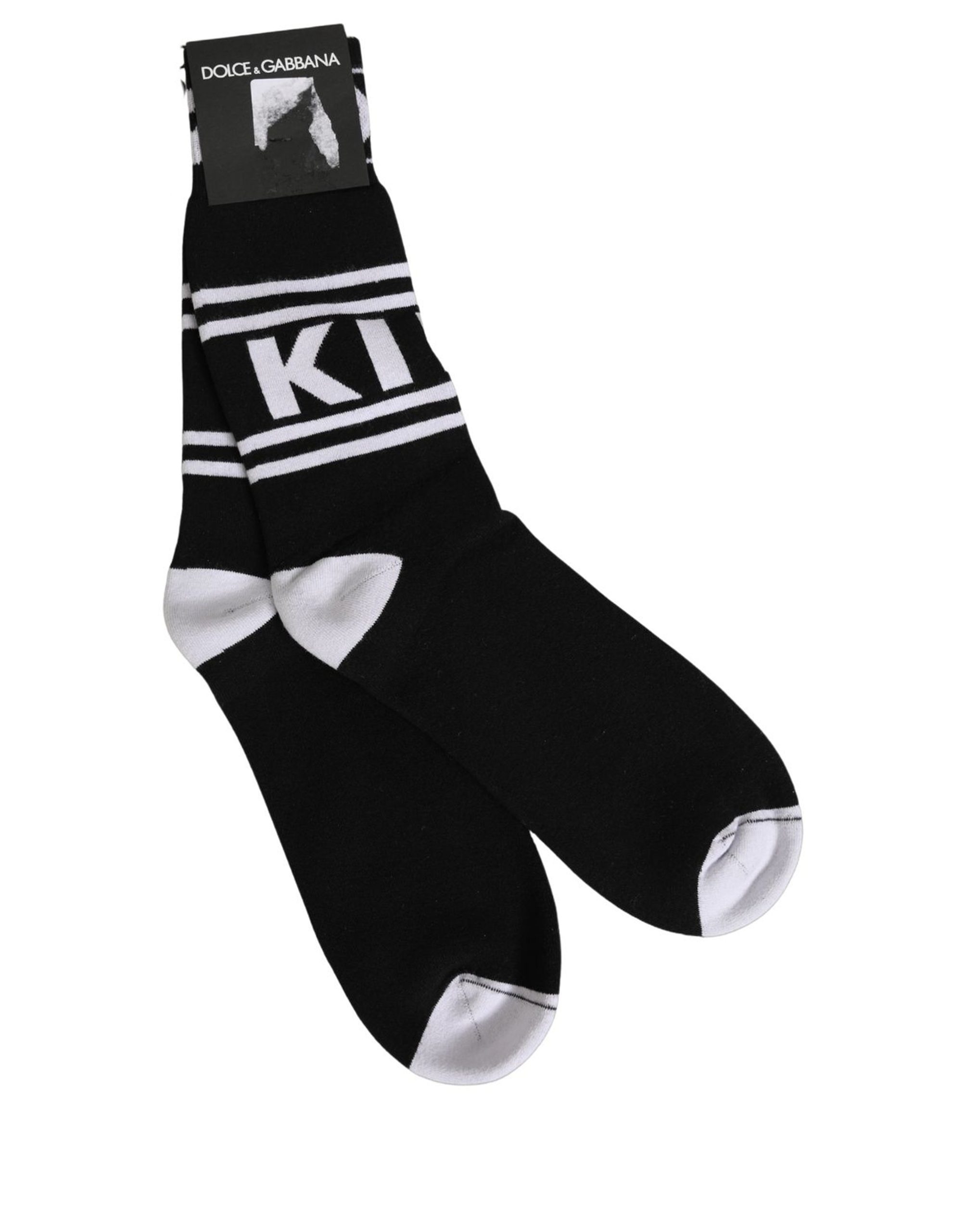 Dolce & Gabbana Black White Logo Stripes Mid Calf Accessory Socks - Image 3