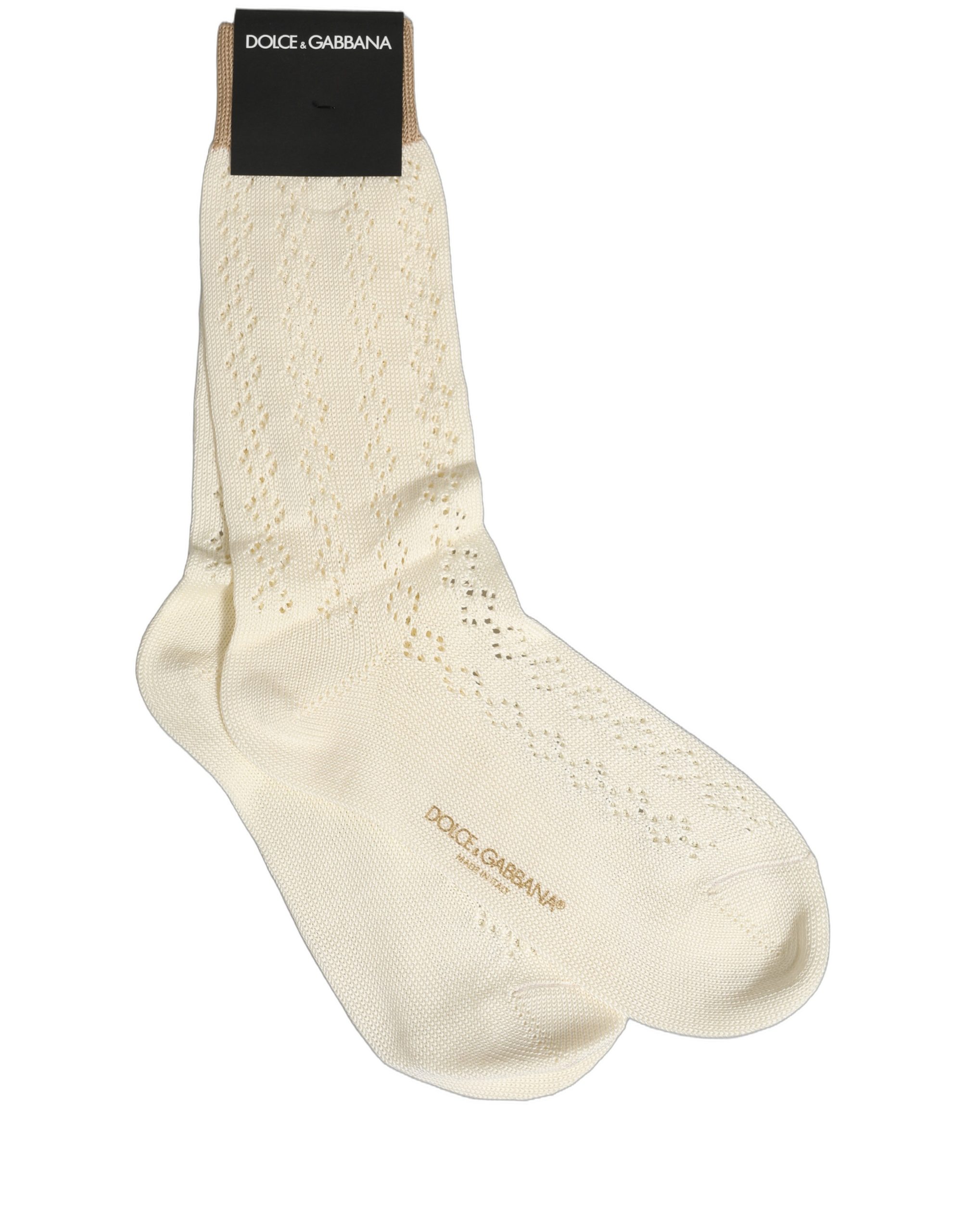 Dolce & Gabbana Off White Cotton Knit Mid Calf Accessory Socks - Image 2