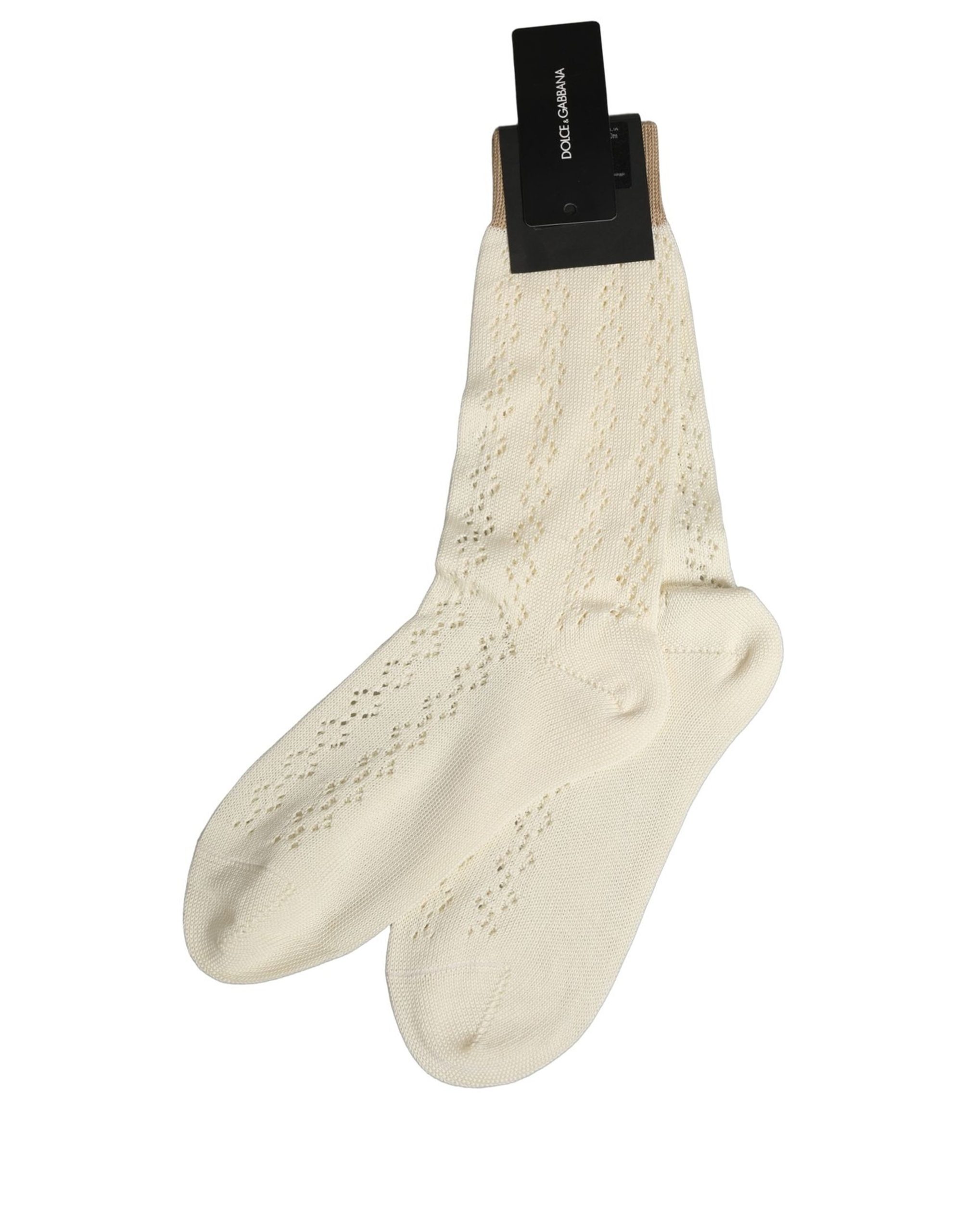 Dolce & Gabbana Off White Cotton Knit Mid Calf Accessory Socks - Image 6