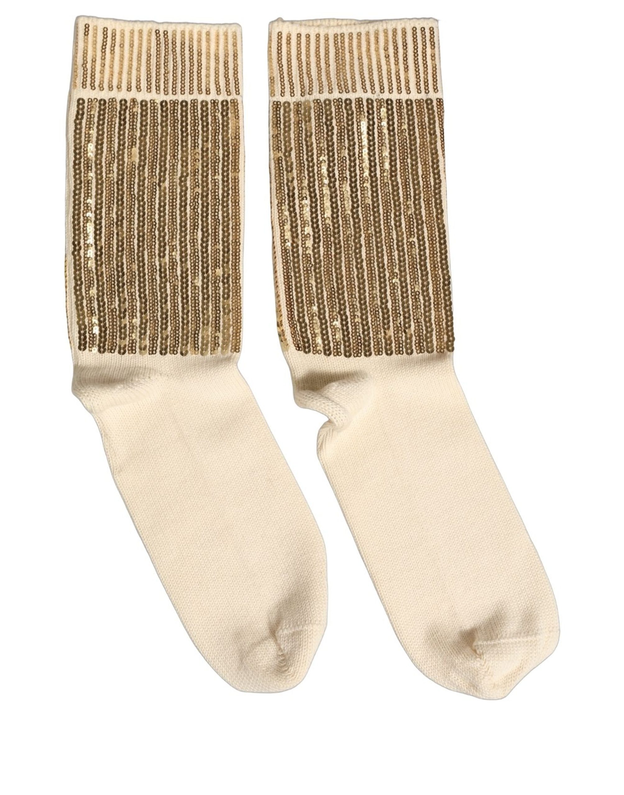 Dolce & Gabbana Off White Sequin Cotton Mid Calf Accessory Socks - Image 3